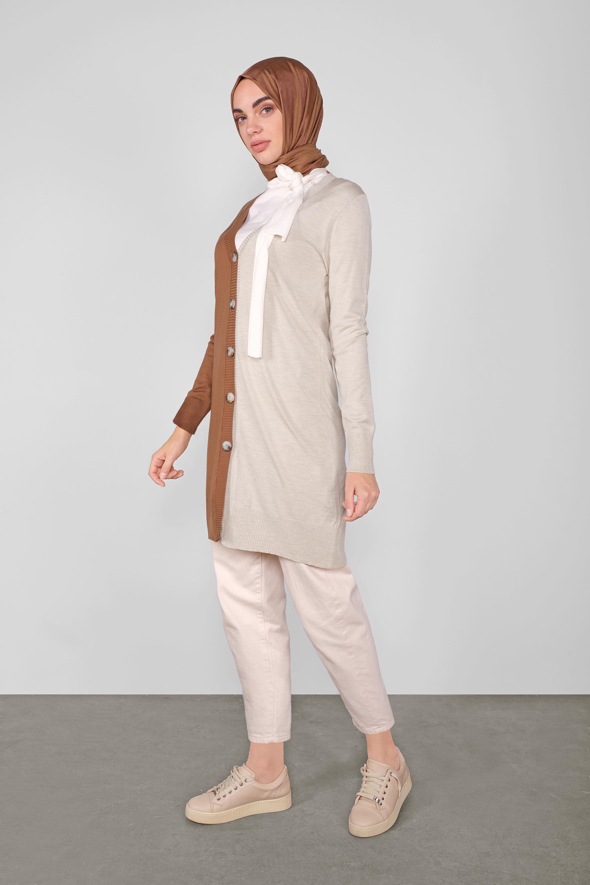 Tesettür giyim TABA İKİ RENK TRİKO HIRKA 41041 