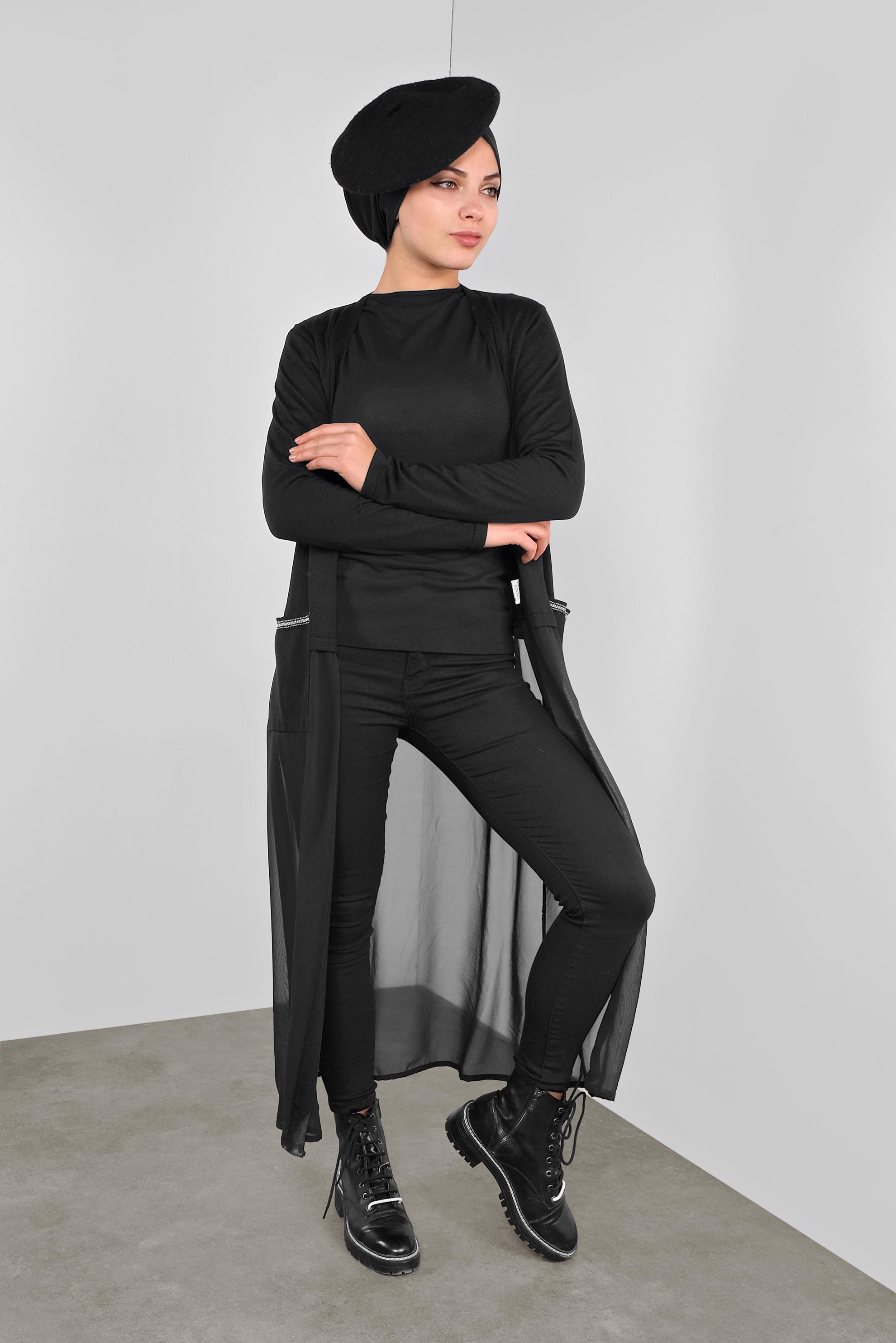 Tesettür giyim SİYAH KUMAŞ MİX TRİKO HIRKA 41043 