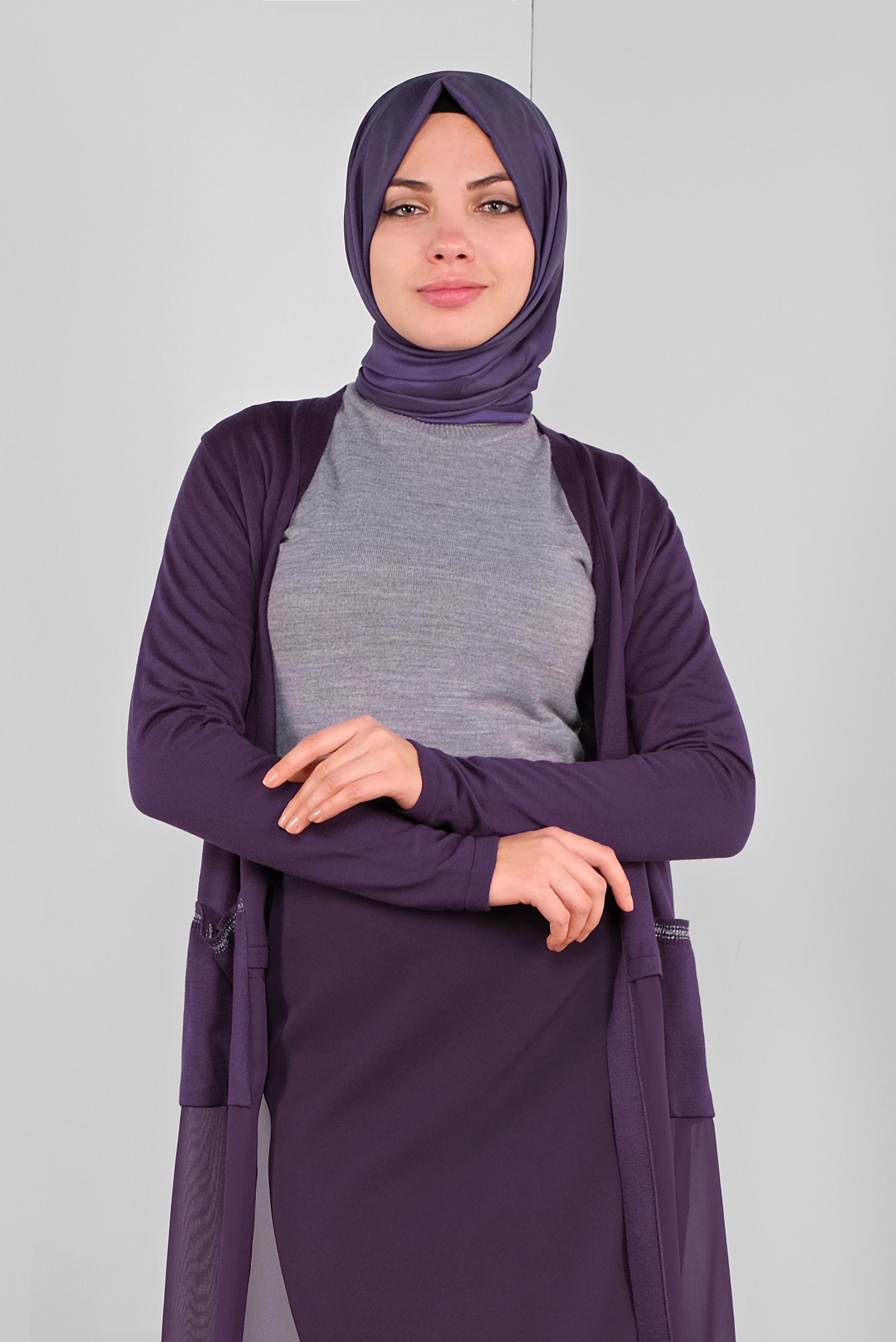 Tesettür giyim MOR KUMAŞ MİX TRİKO HIRKA 41043 