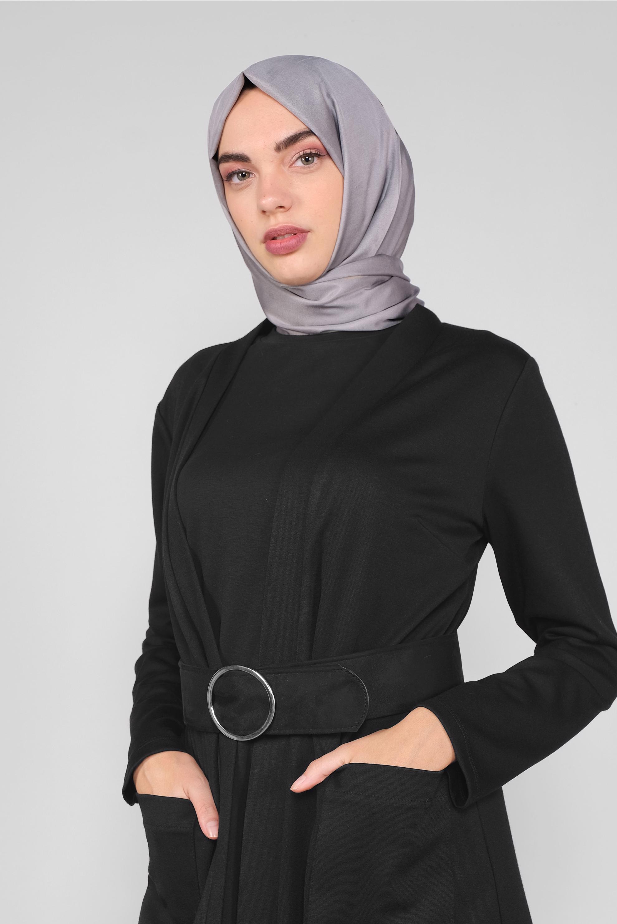 Tesettür giyim SİYAH CEPLİ KUŞAKLI HIRKA 41265 