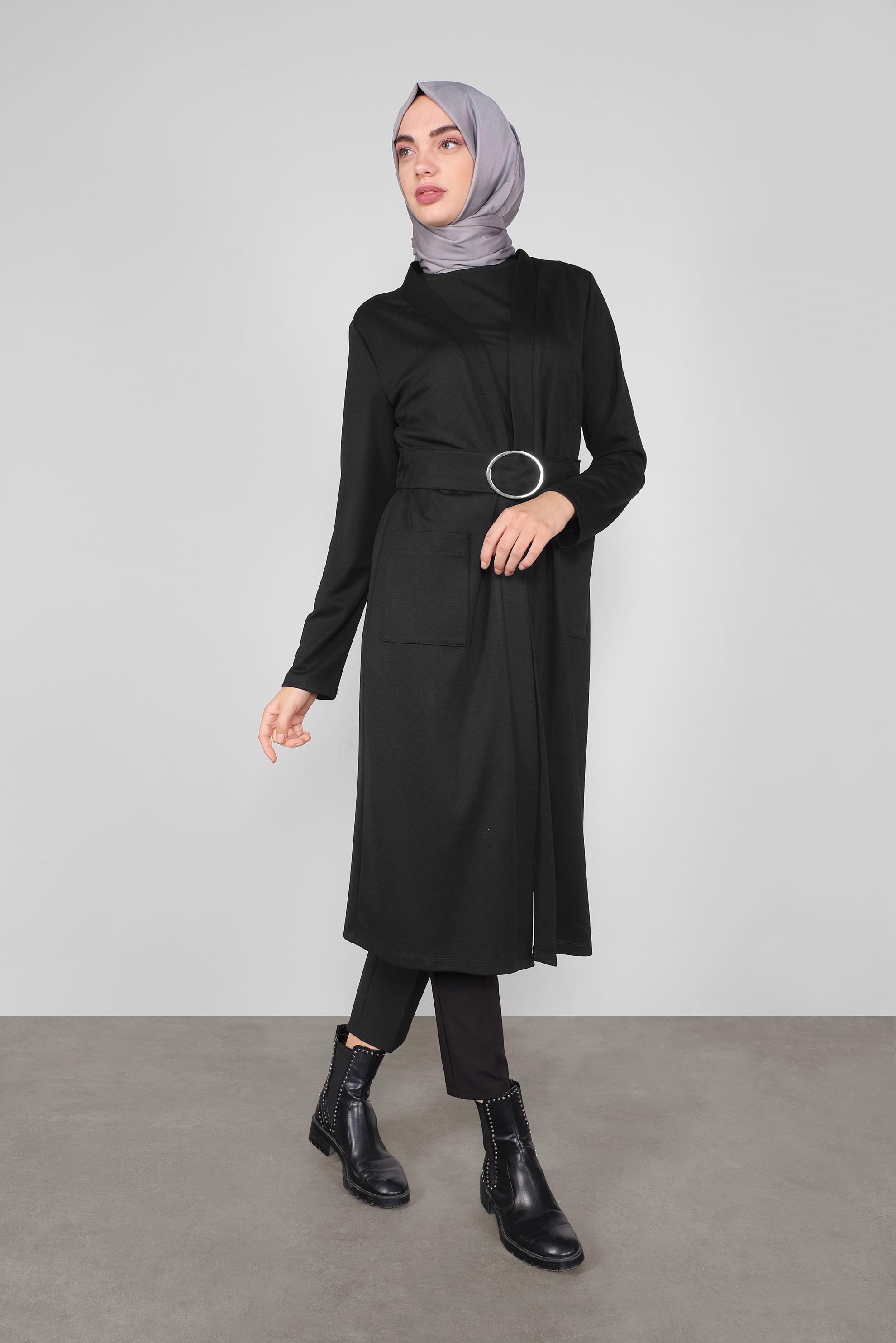 Tesettür giyim SİYAH CEPLİ KUŞAKLI HIRKA 41265 