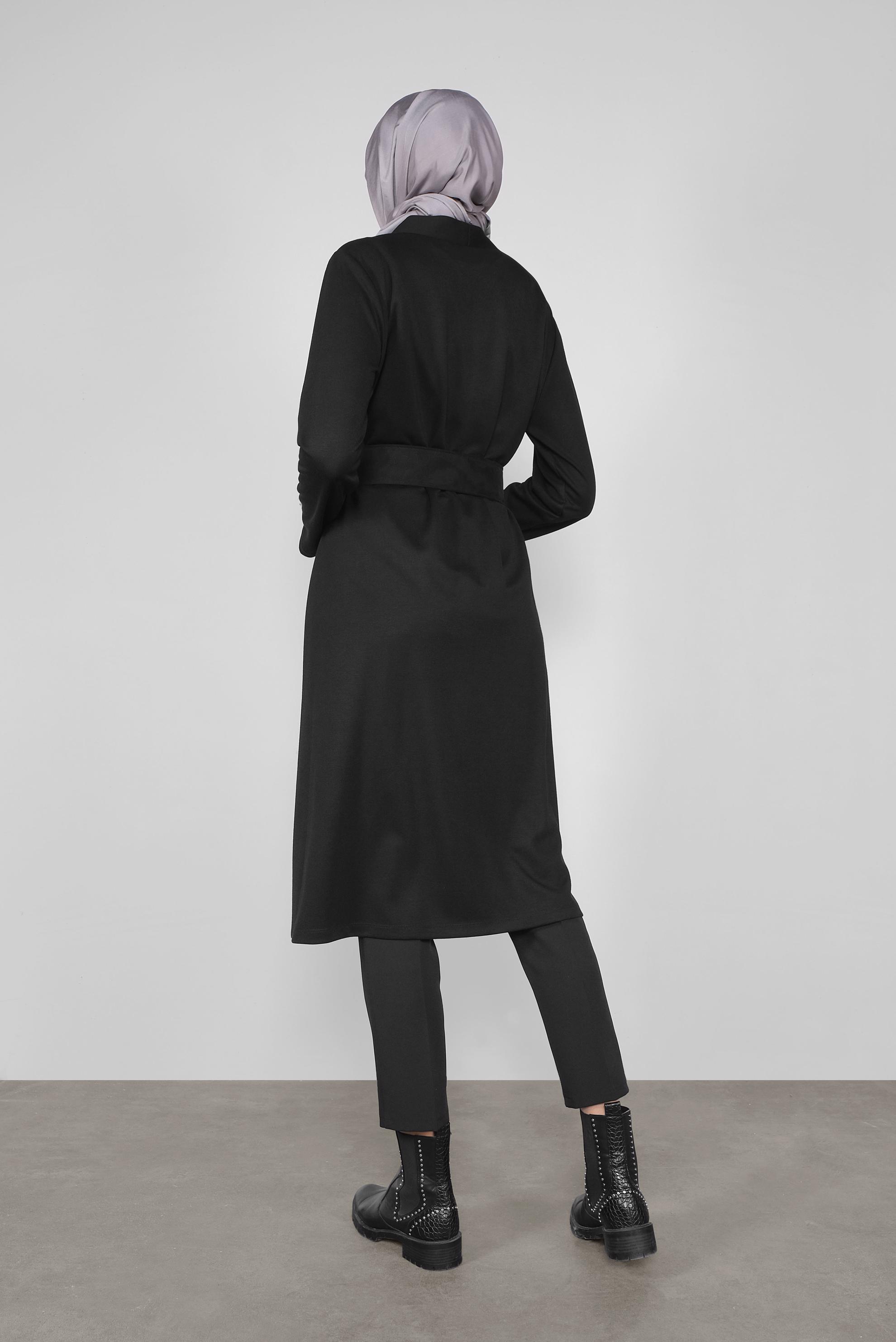 Tesettür giyim SİYAH CEPLİ KUŞAKLI HIRKA 41265 