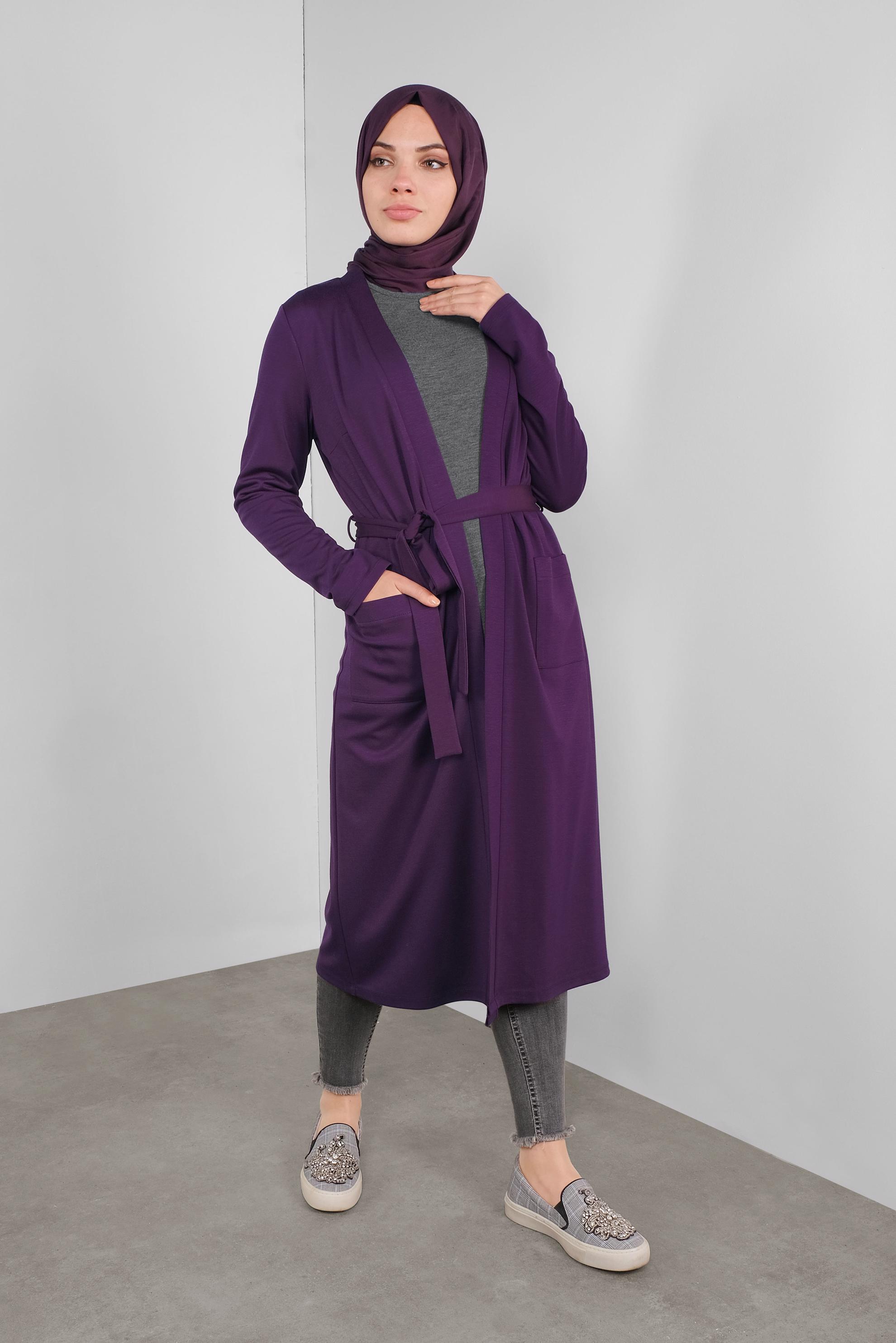 Hijab clothing PURPLE BELTED CARDIGAN WITH POCKETS 41265
