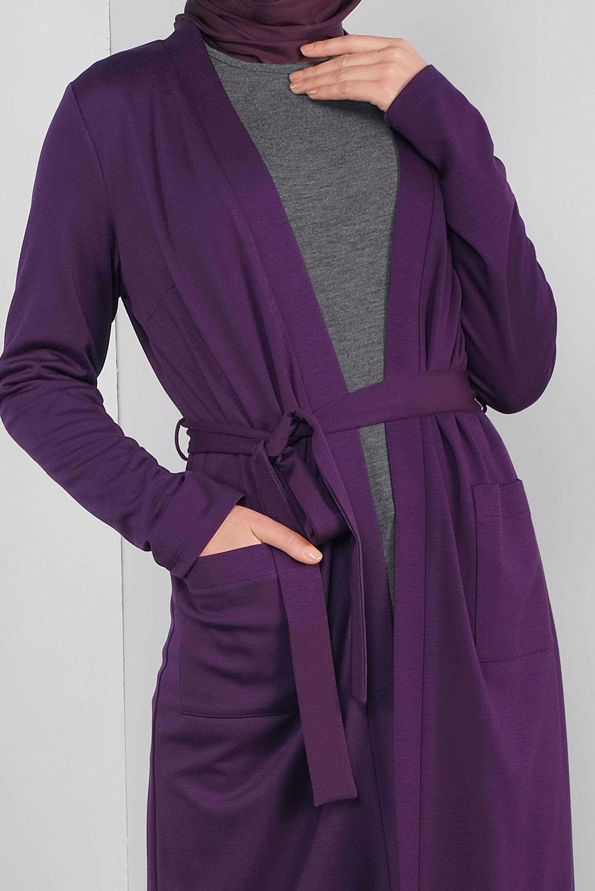 Hijab clothing PURPLE BELTED CARDIGAN WITH POCKETS 41265