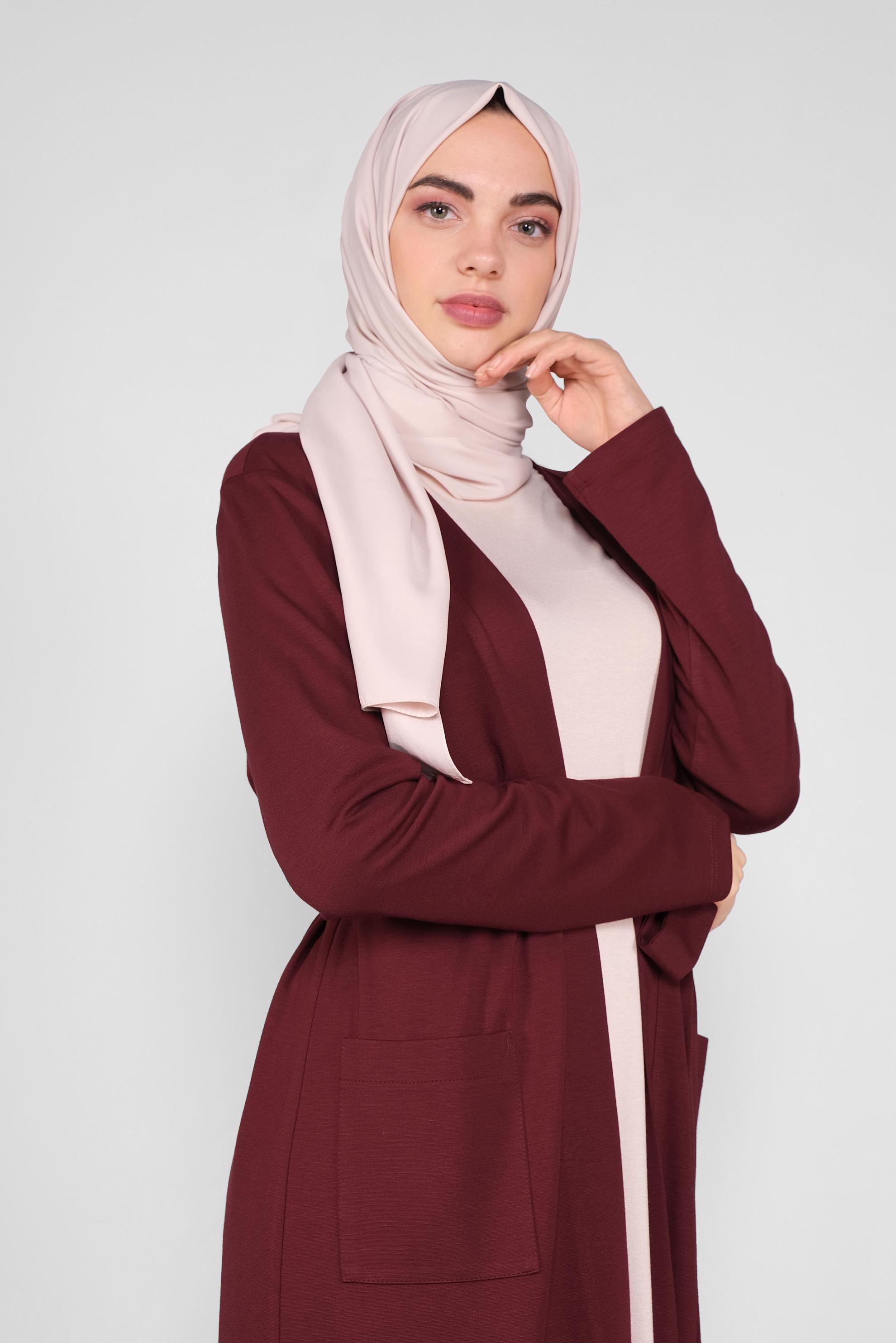Hijab clothing CLARET RED BELTED CARDIGAN WITH POCKETS 41265