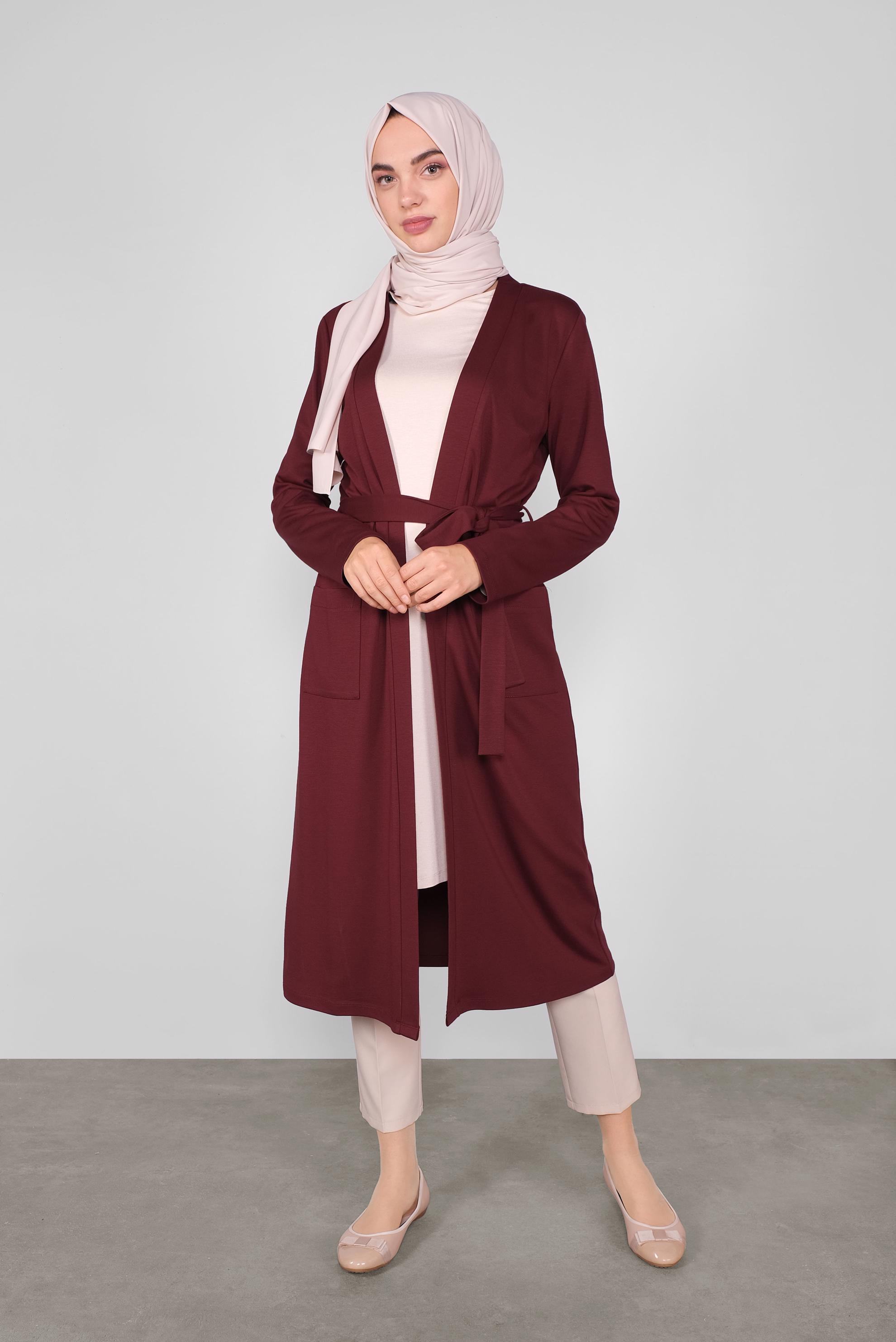 Hijab clothing CLARET RED BELTED CARDIGAN WITH POCKETS 41265