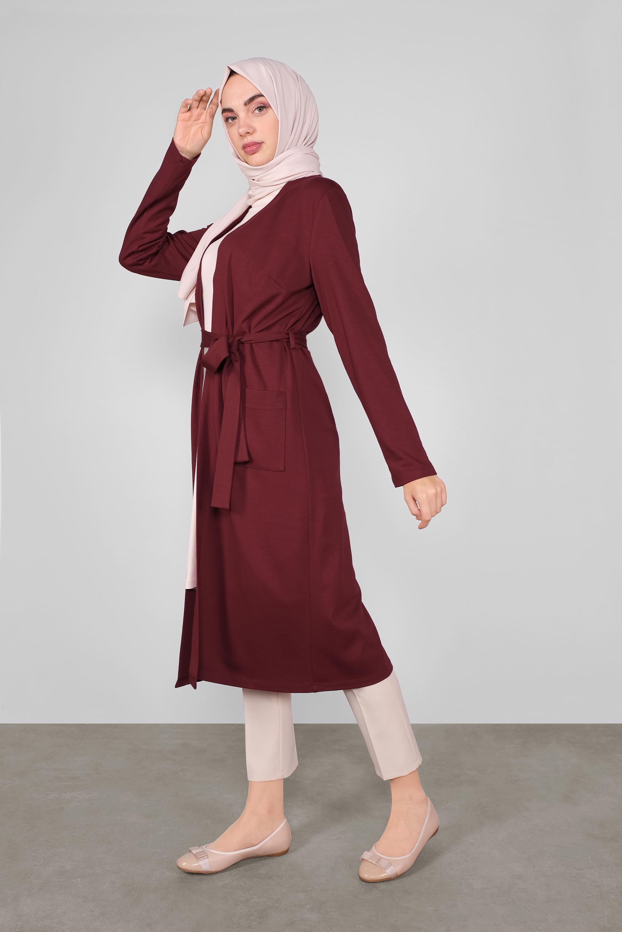 Hijab clothing CLARET RED BELTED CARDIGAN WITH POCKETS 41265