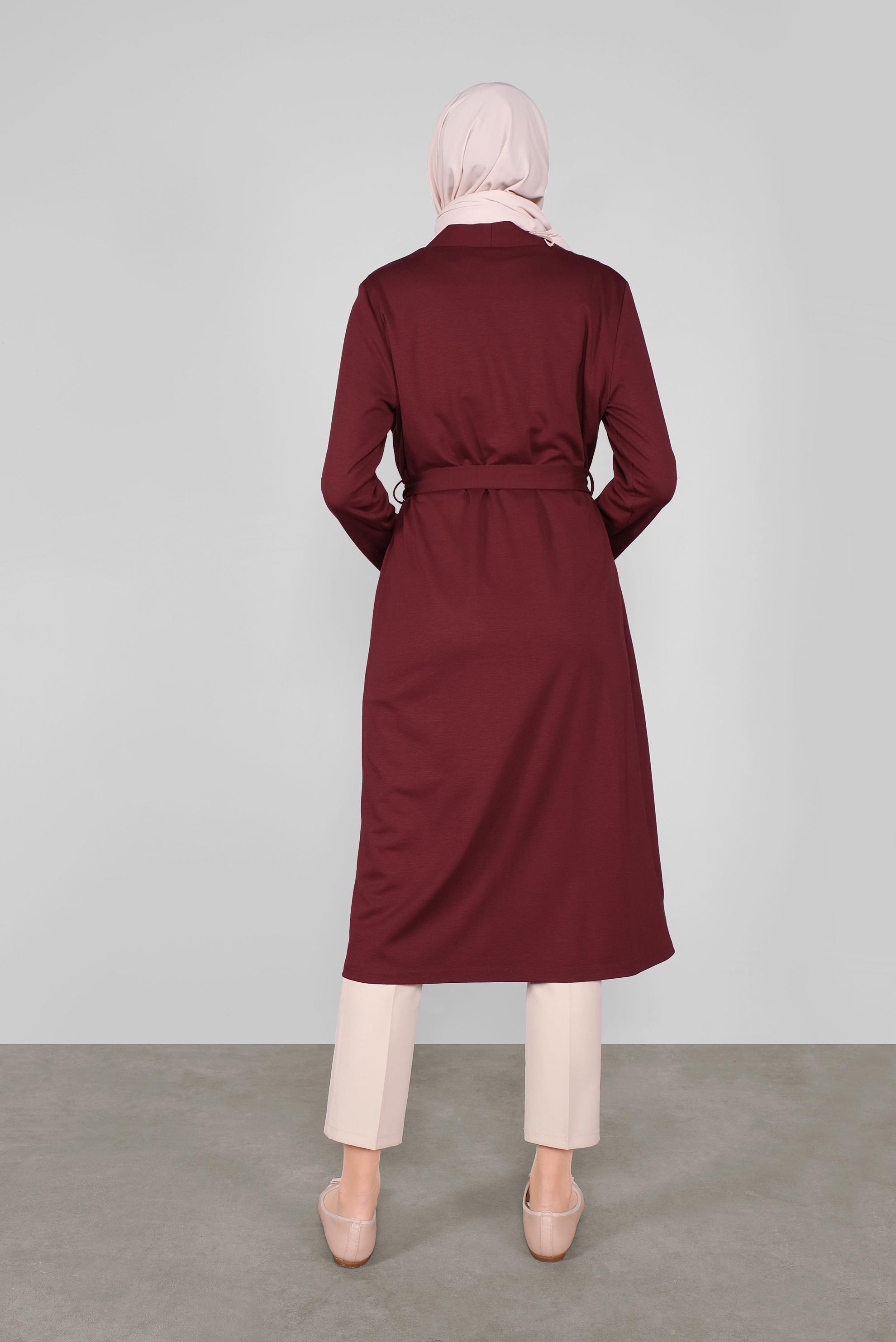 Hijab clothing CLARET RED BELTED CARDIGAN WITH POCKETS 41265