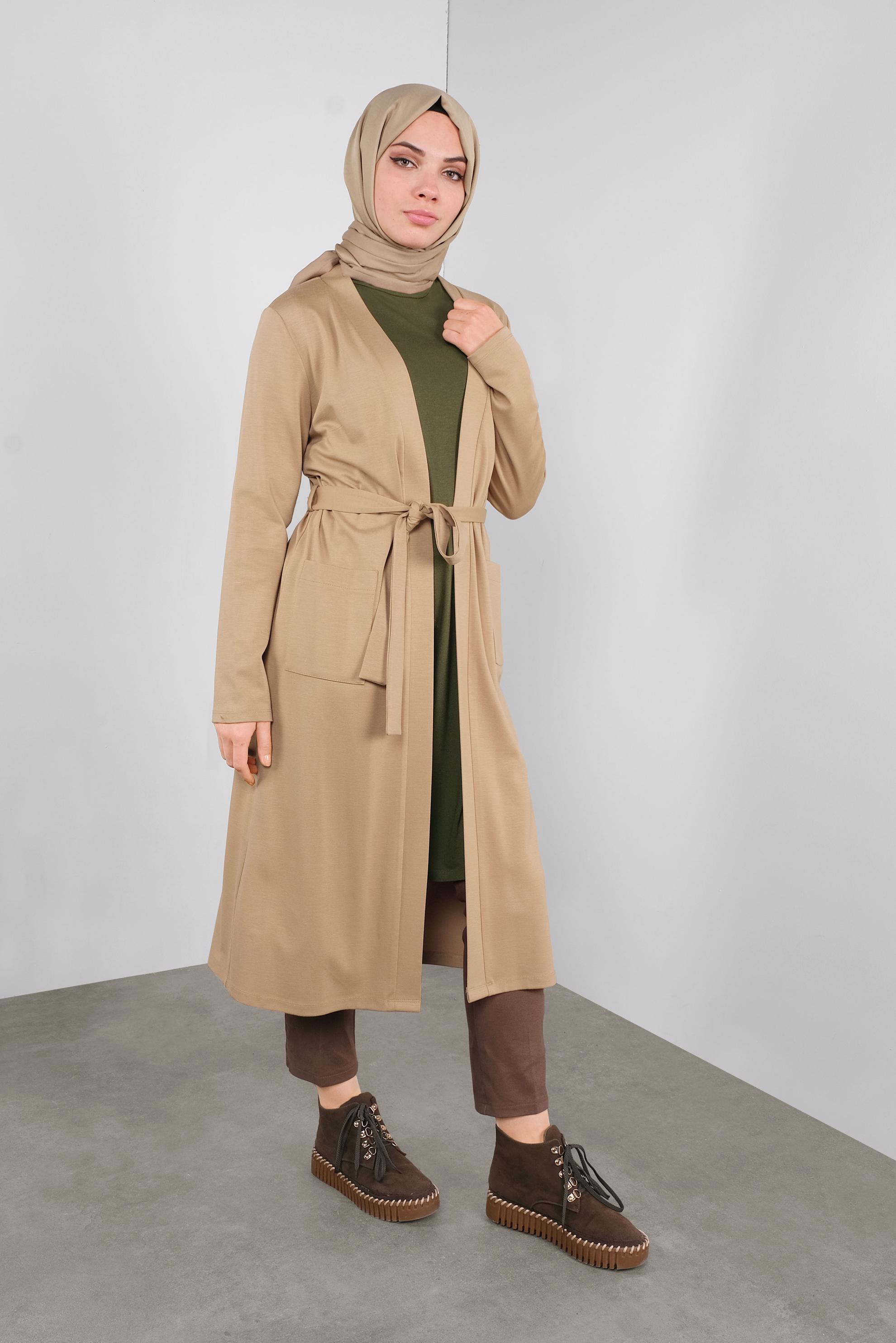 Hijab clothing BEIGE BELTED CARDIGAN WITH POCKETS 41265