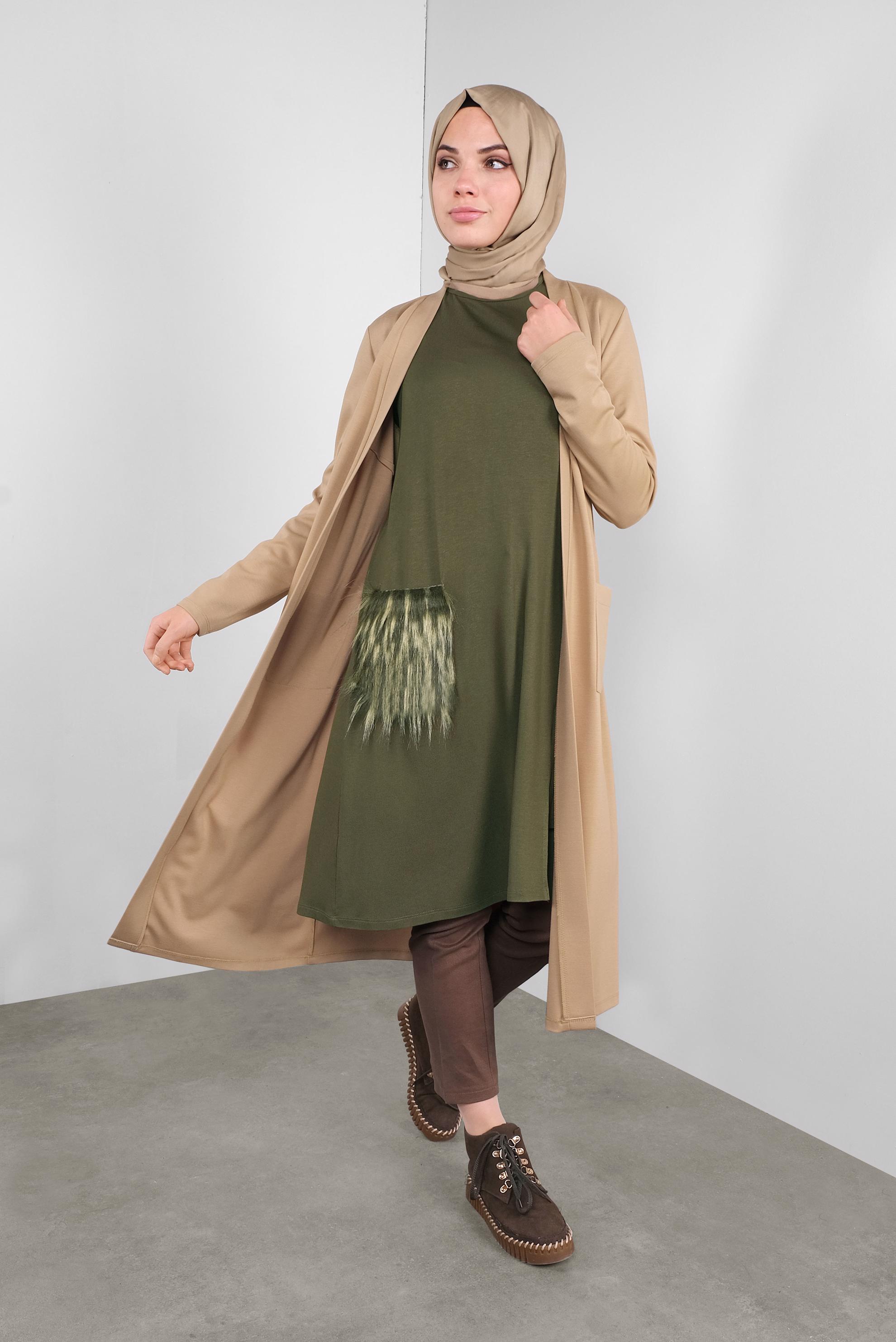 Hijab clothing BEIGE BELTED CARDIGAN WITH POCKETS 41265