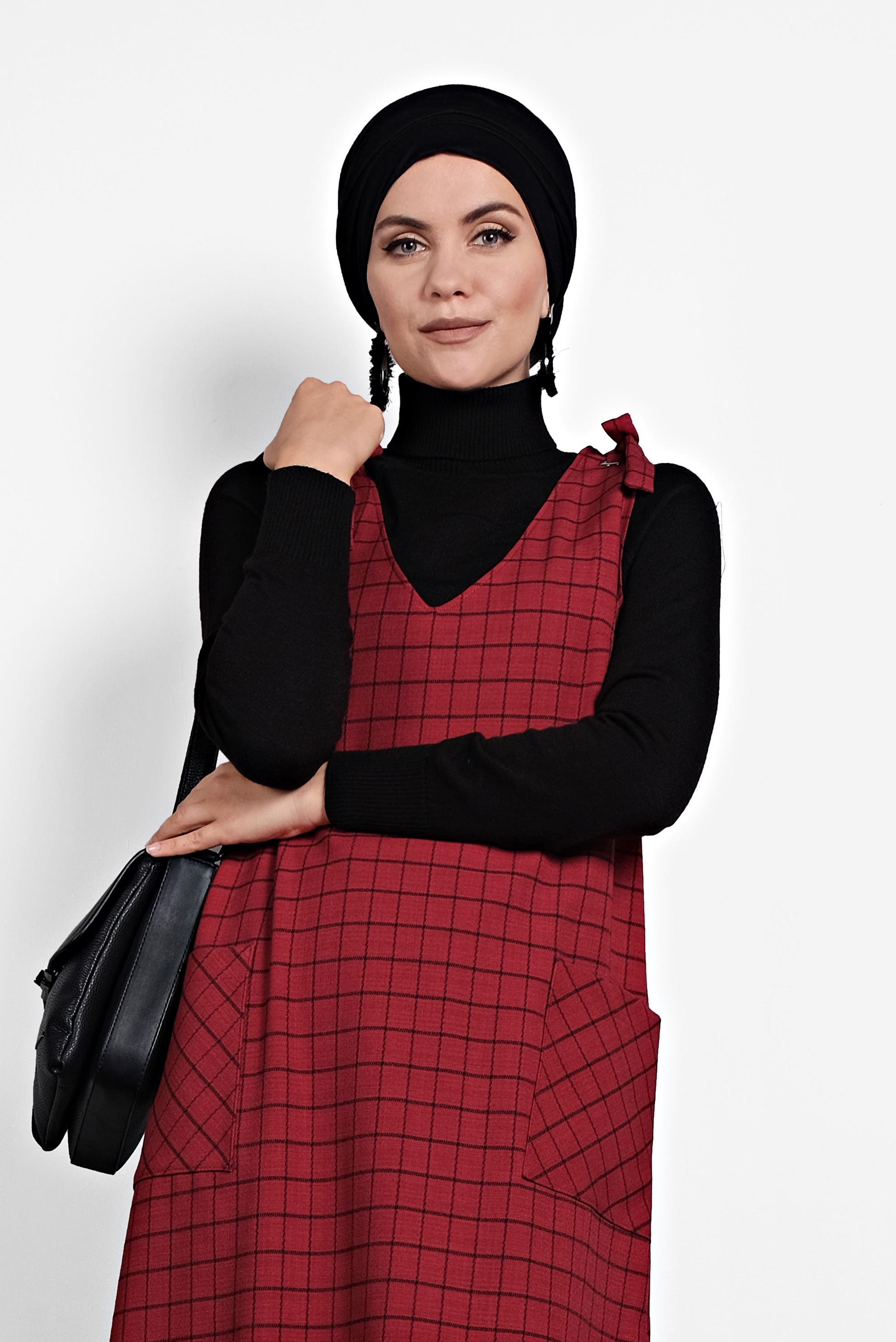 Tesettür giyim KIRMIZI EKOSE JİLE ELBİSE 40190