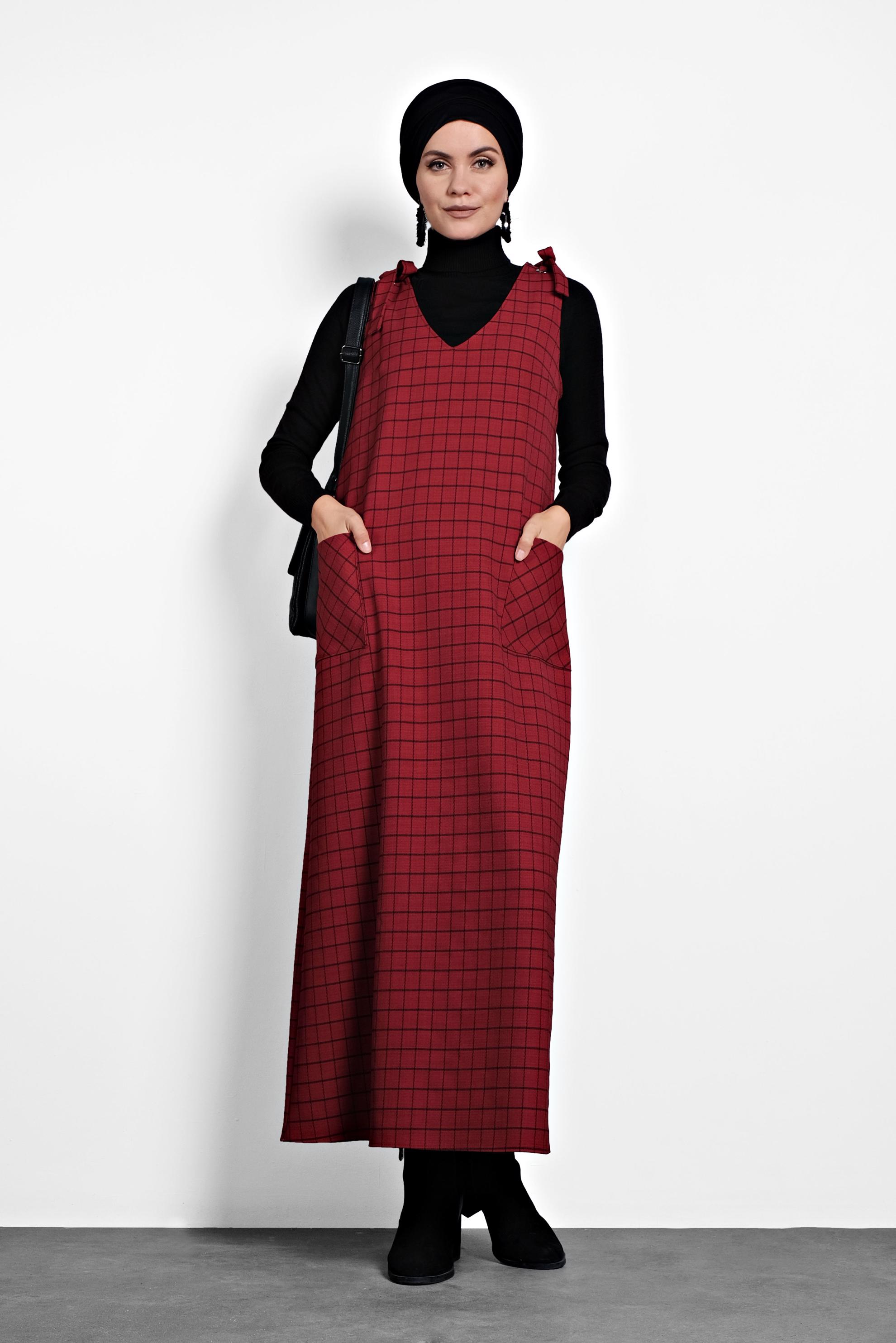 Tesettür giyim KIRMIZI EKOSE JİLE ELBİSE 40190