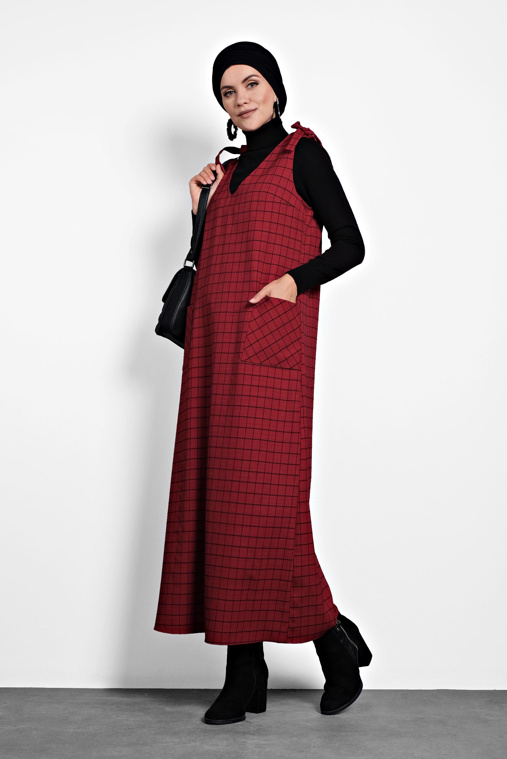 Tesettür giyim KIRMIZI EKOSE JİLE ELBİSE 40190