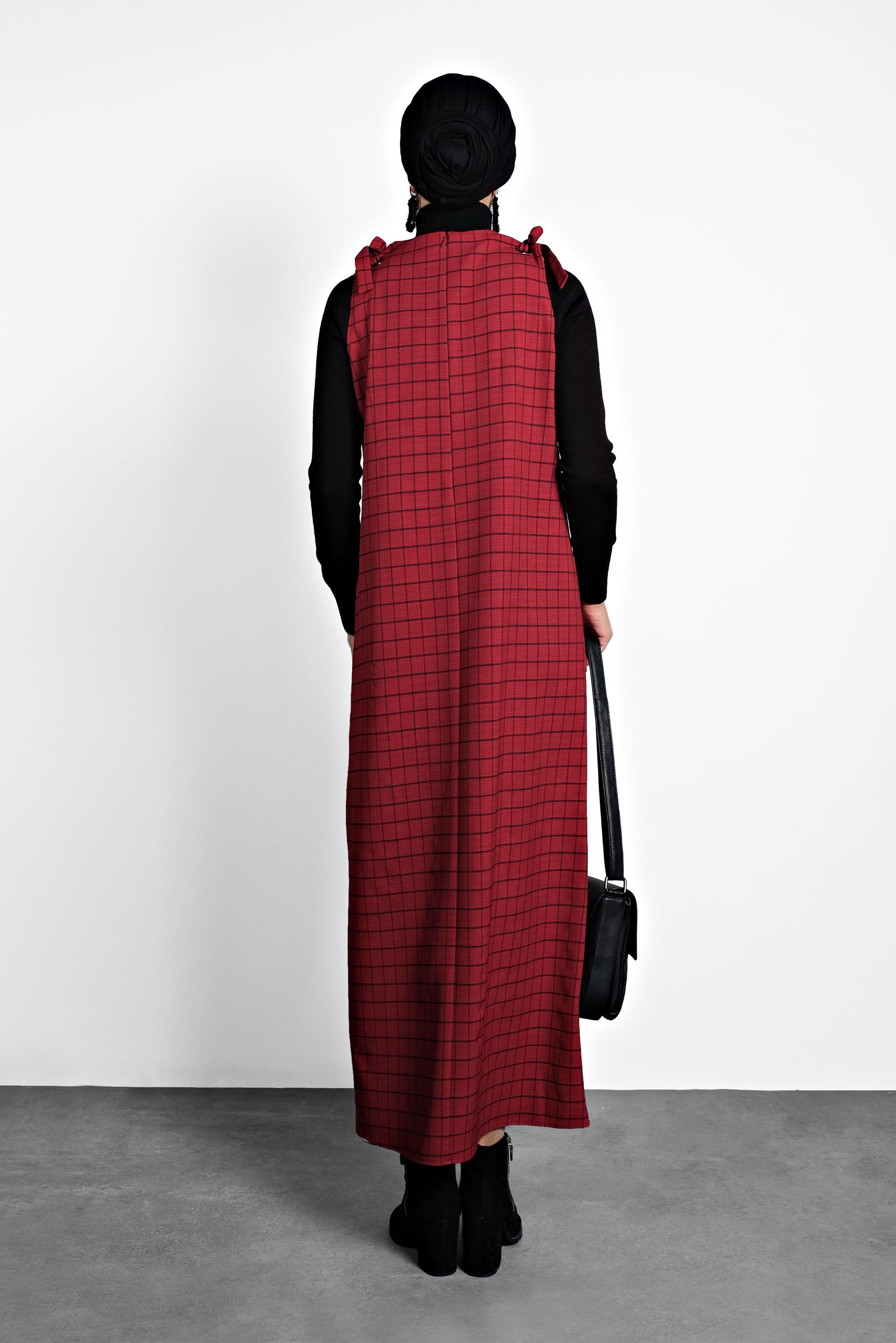 Tesettür giyim KIRMIZI EKOSE JİLE ELBİSE 40190