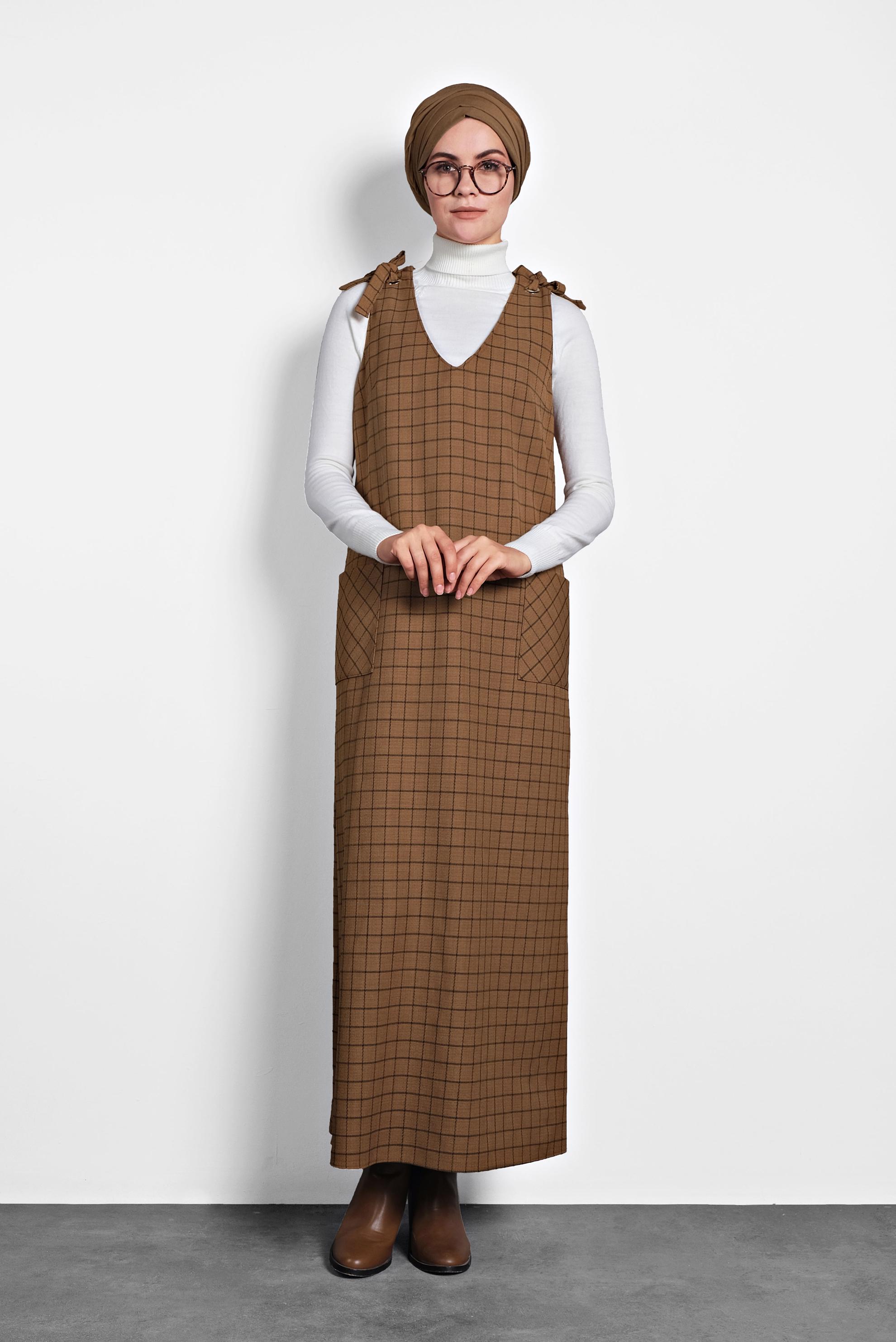 Tesettür giyim KAHVE EKOSE JİLE ELBİSE 40190