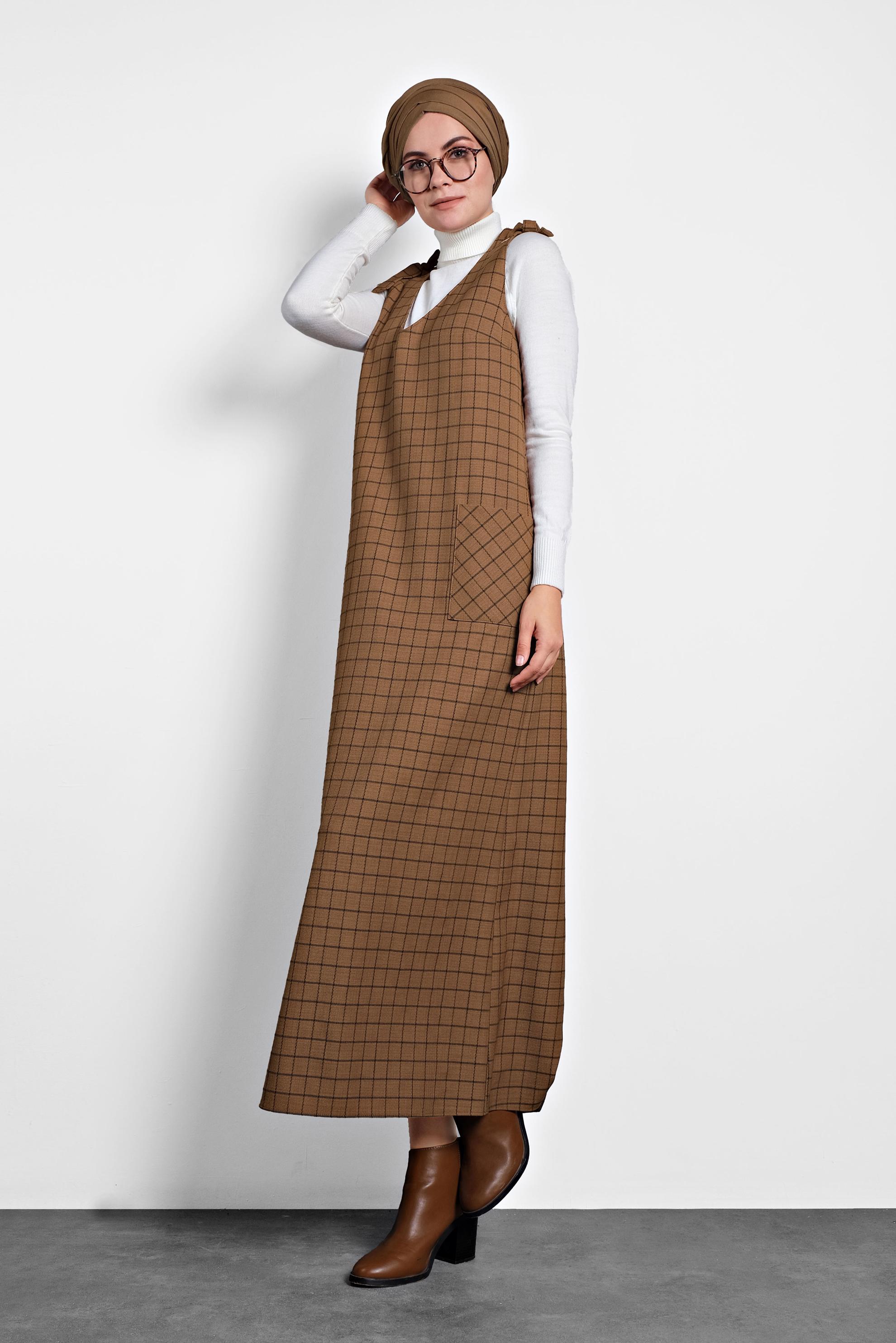 Tesettür giyim KAHVE EKOSE JİLE ELBİSE 40190