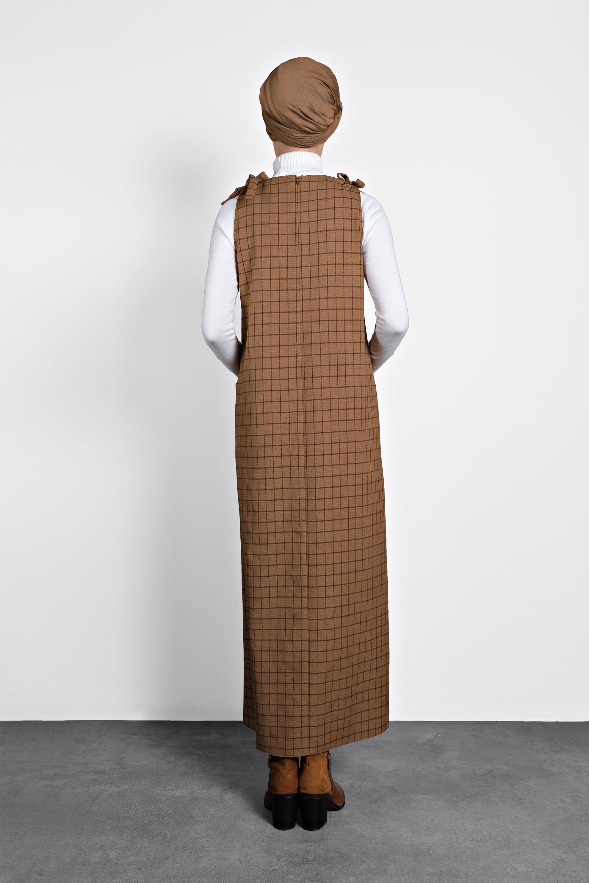 Tesettür giyim KAHVE EKOSE JİLE ELBİSE 40190