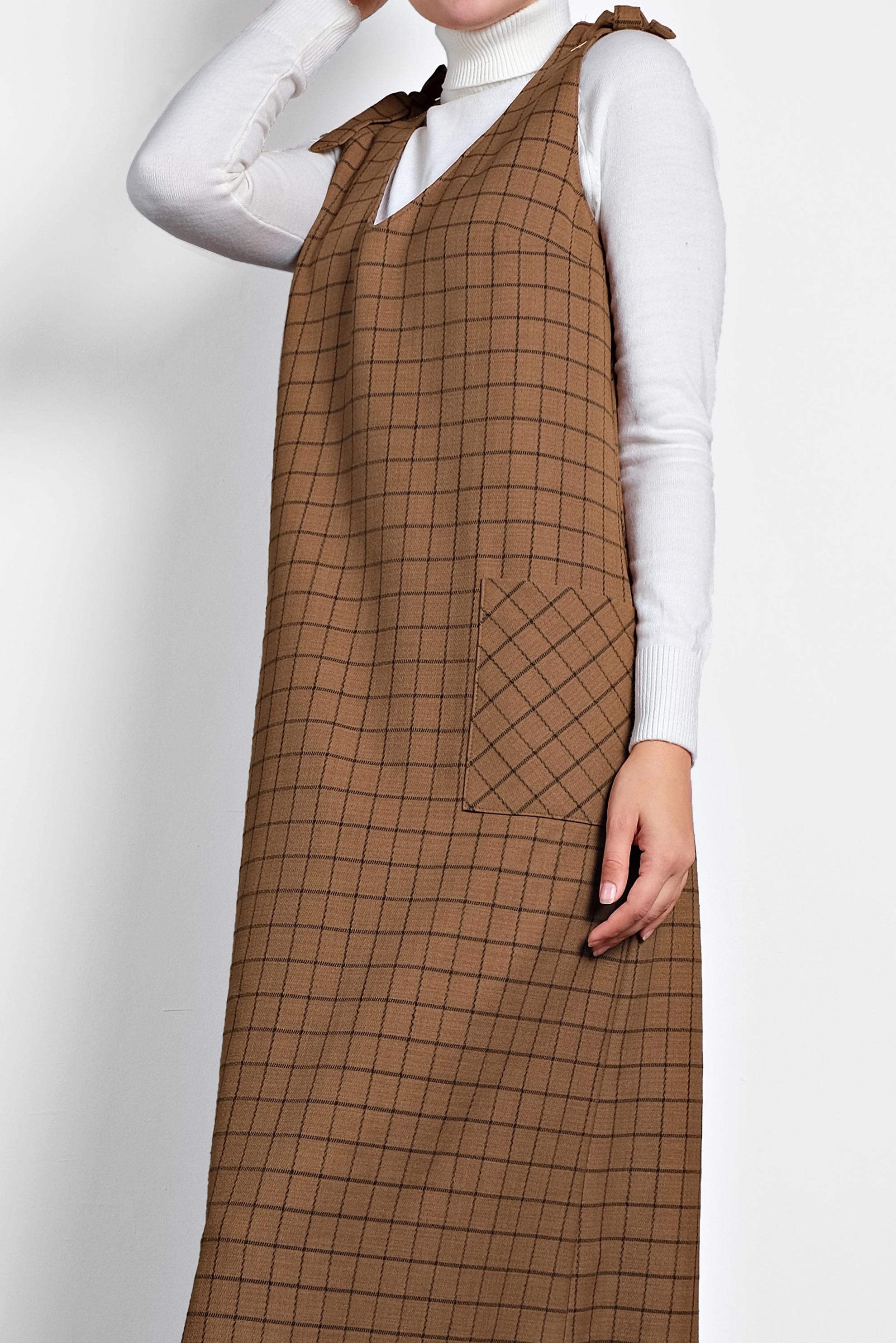 Tesettür giyim KAHVE EKOSE JİLE ELBİSE 40190