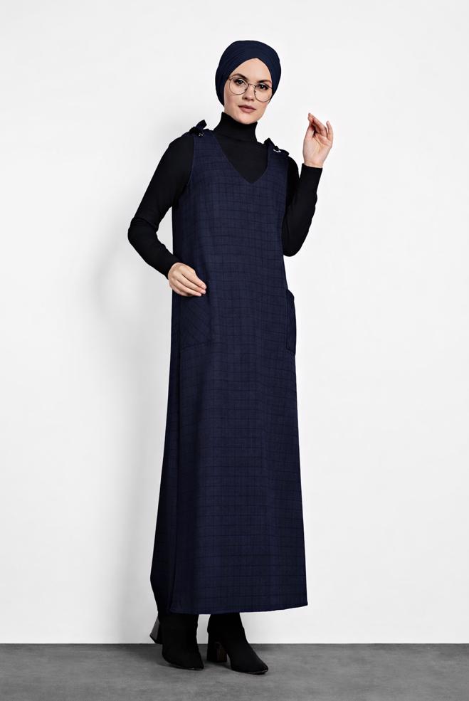 Tesettür giyim LACİVERT EKOSE JİLE ELBİSE 40190 - ALVİNA