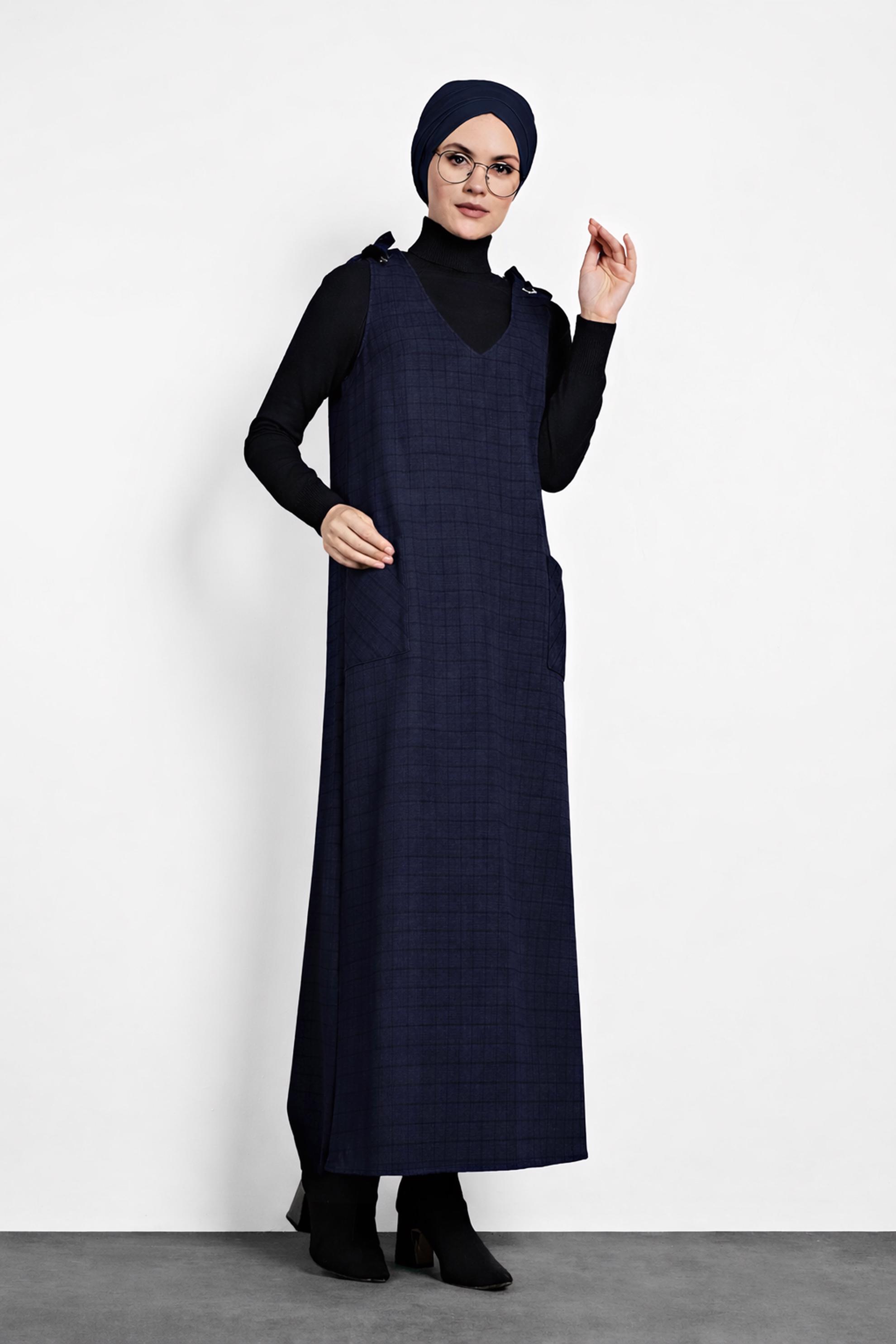 Tesettür giyim LACİVERT EKOSE JİLE ELBİSE 40190