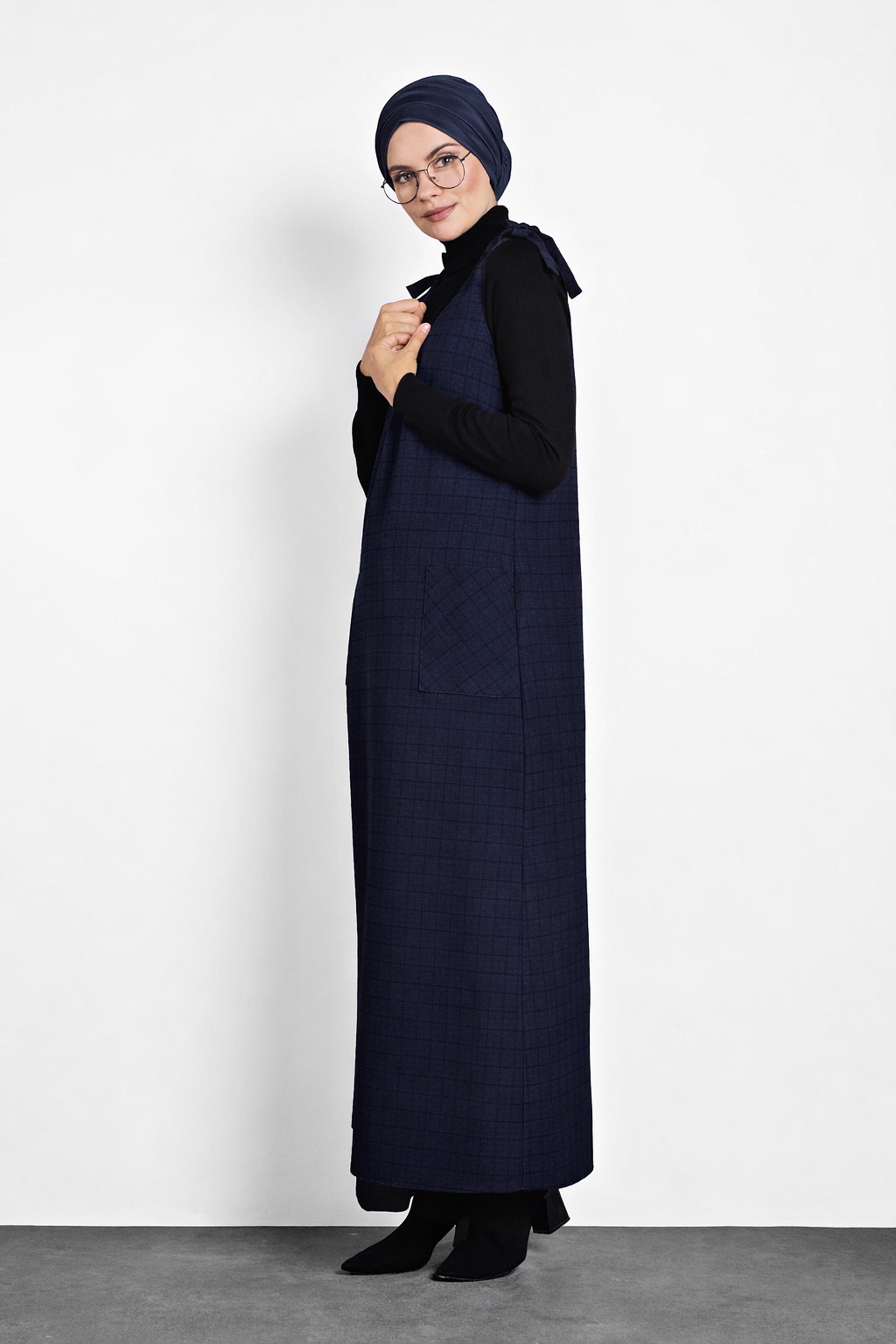 Tesettür giyim LACİVERT EKOSE JİLE ELBİSE 40190