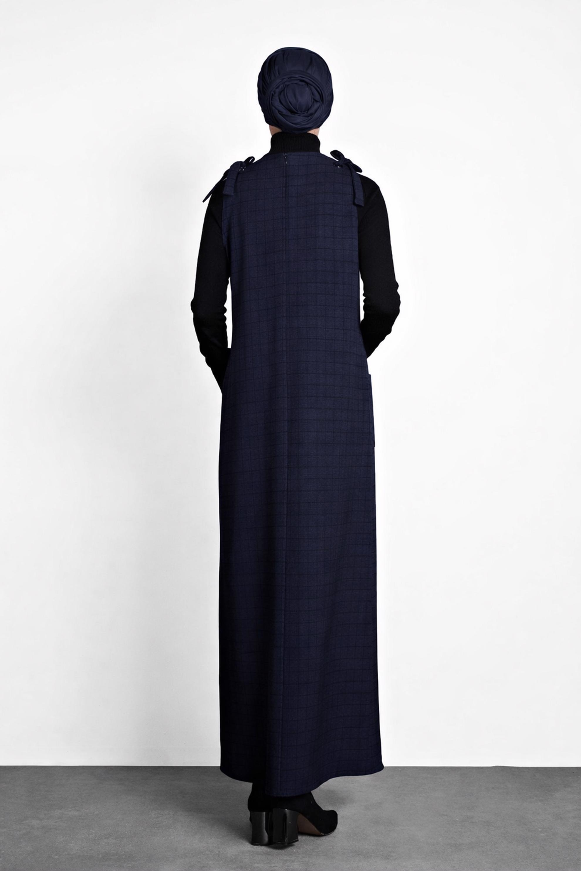 Tesettür giyim LACİVERT EKOSE JİLE ELBİSE 40190