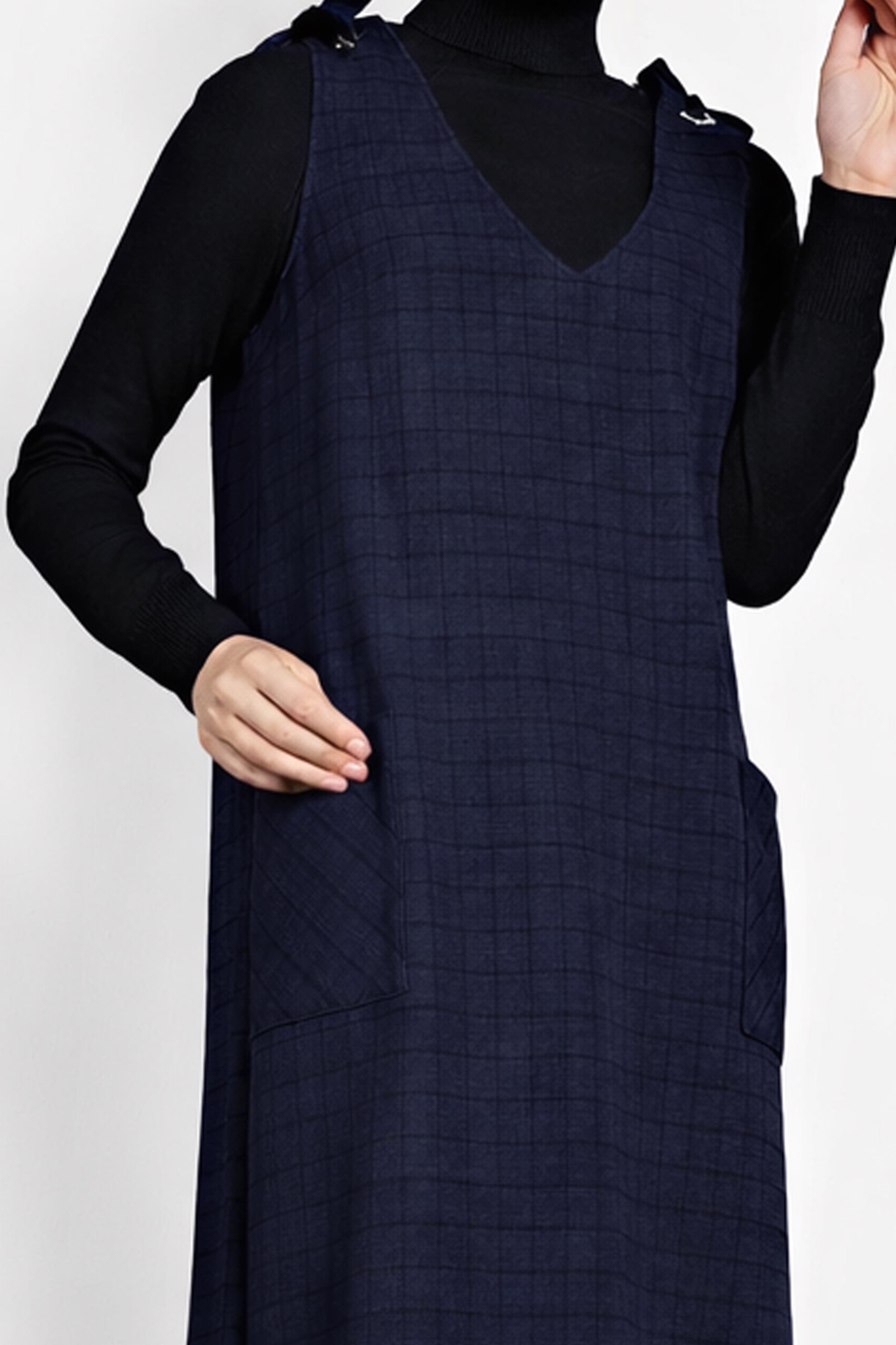 Tesettür giyim LACİVERT EKOSE JİLE ELBİSE 40190