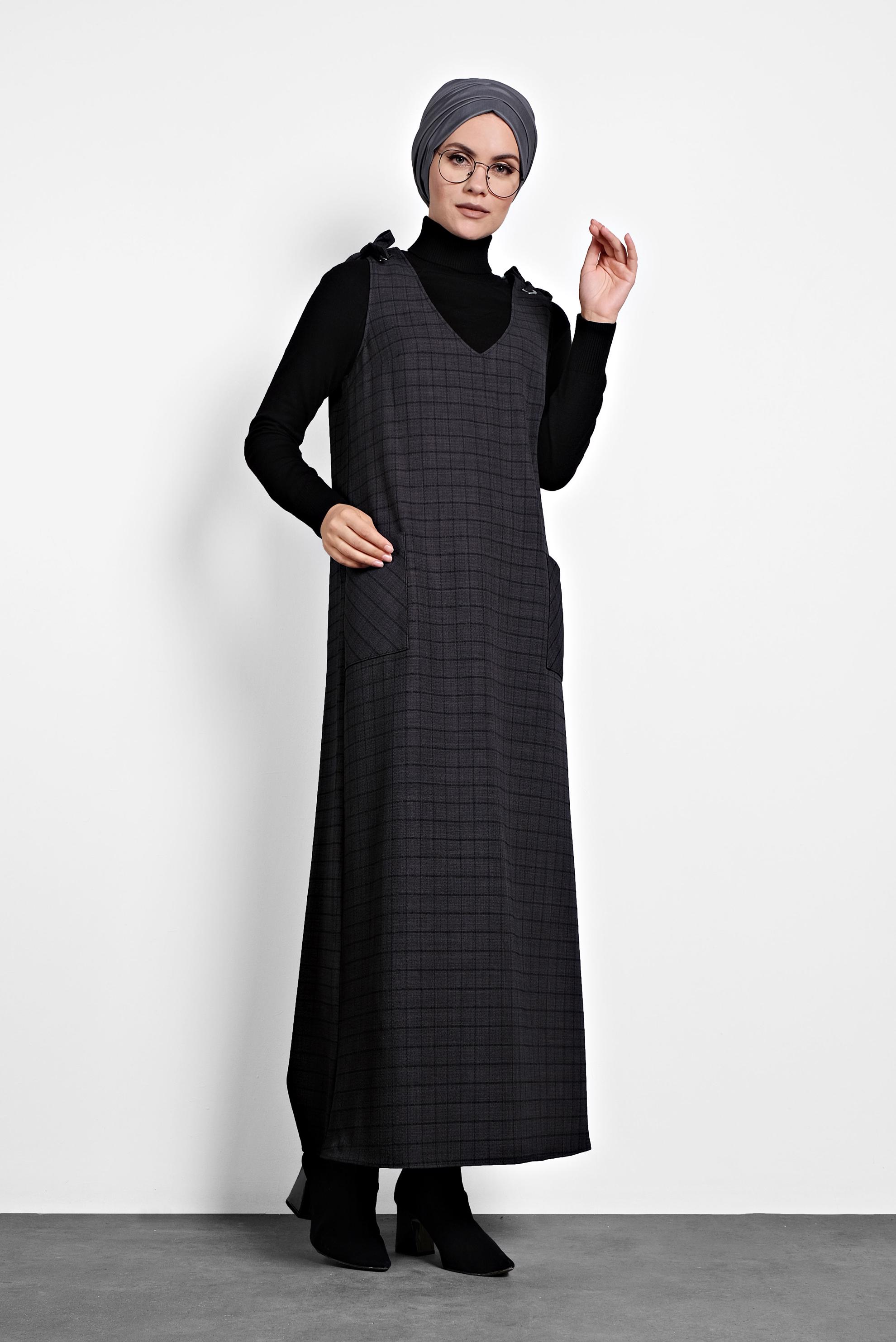 Tesettür giyim GRİ EKOSE JİLE ELBİSE 40190