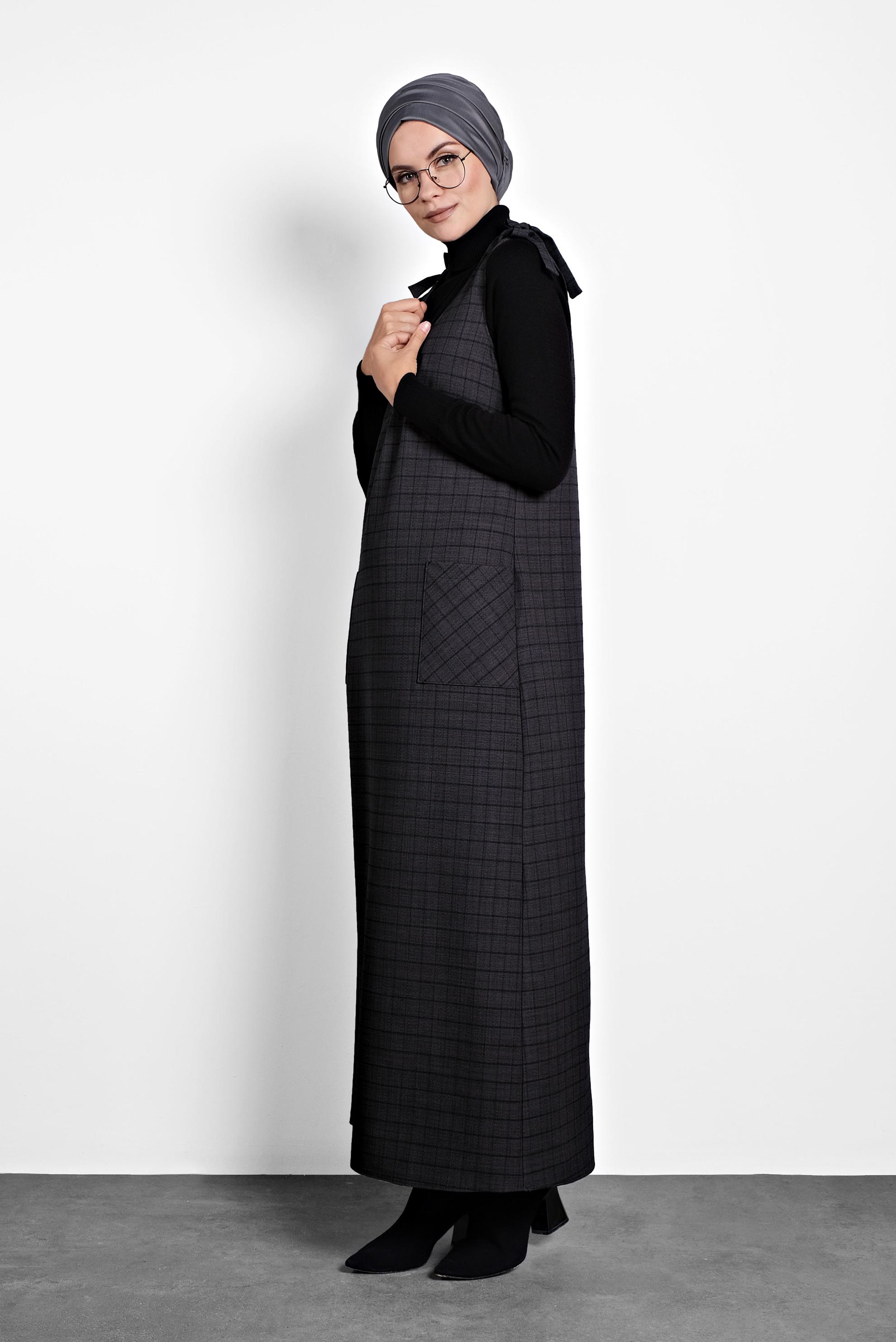 Tesettür giyim GRİ EKOSE JİLE ELBİSE 40190