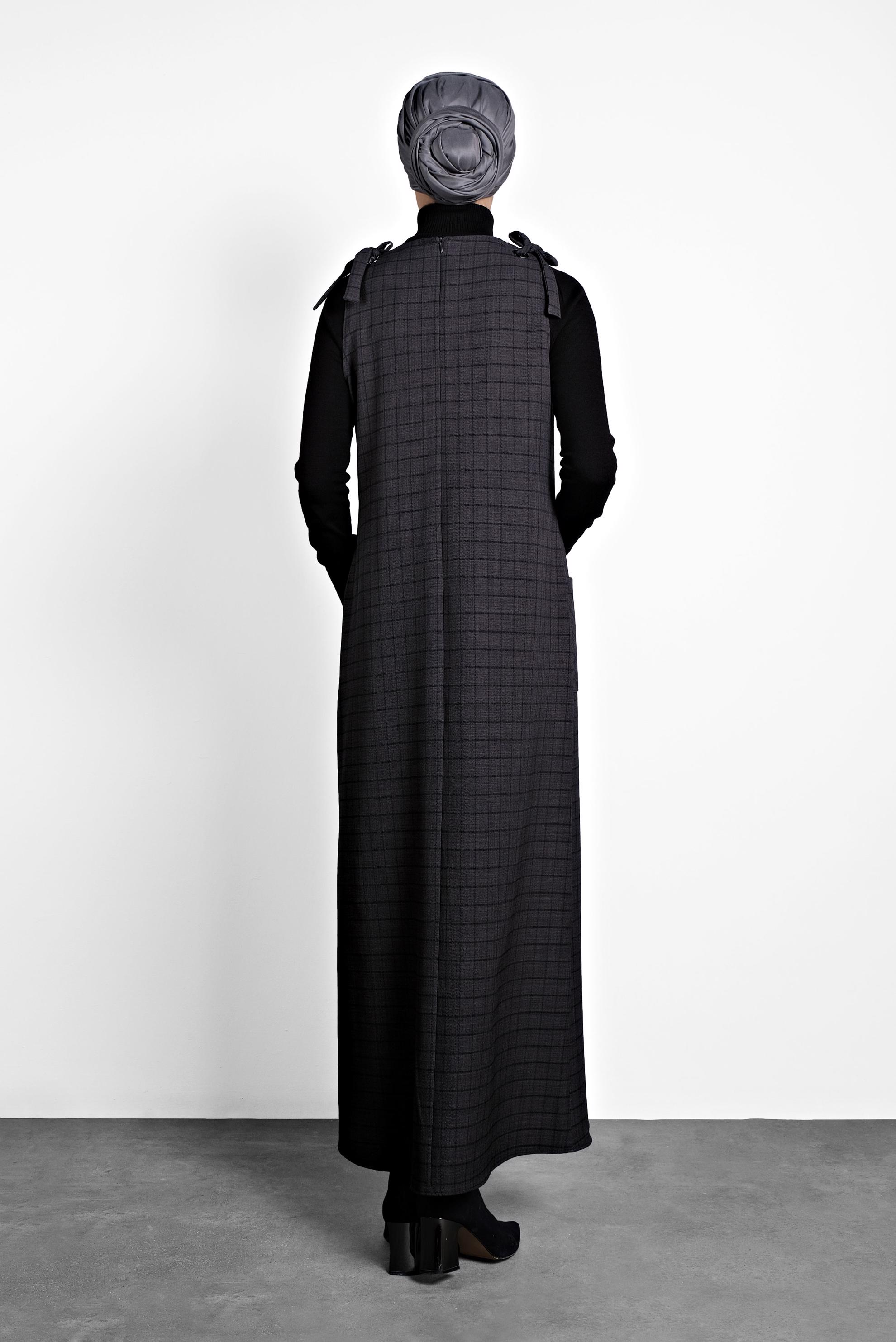 Tesettür giyim GRİ EKOSE JİLE ELBİSE 40190