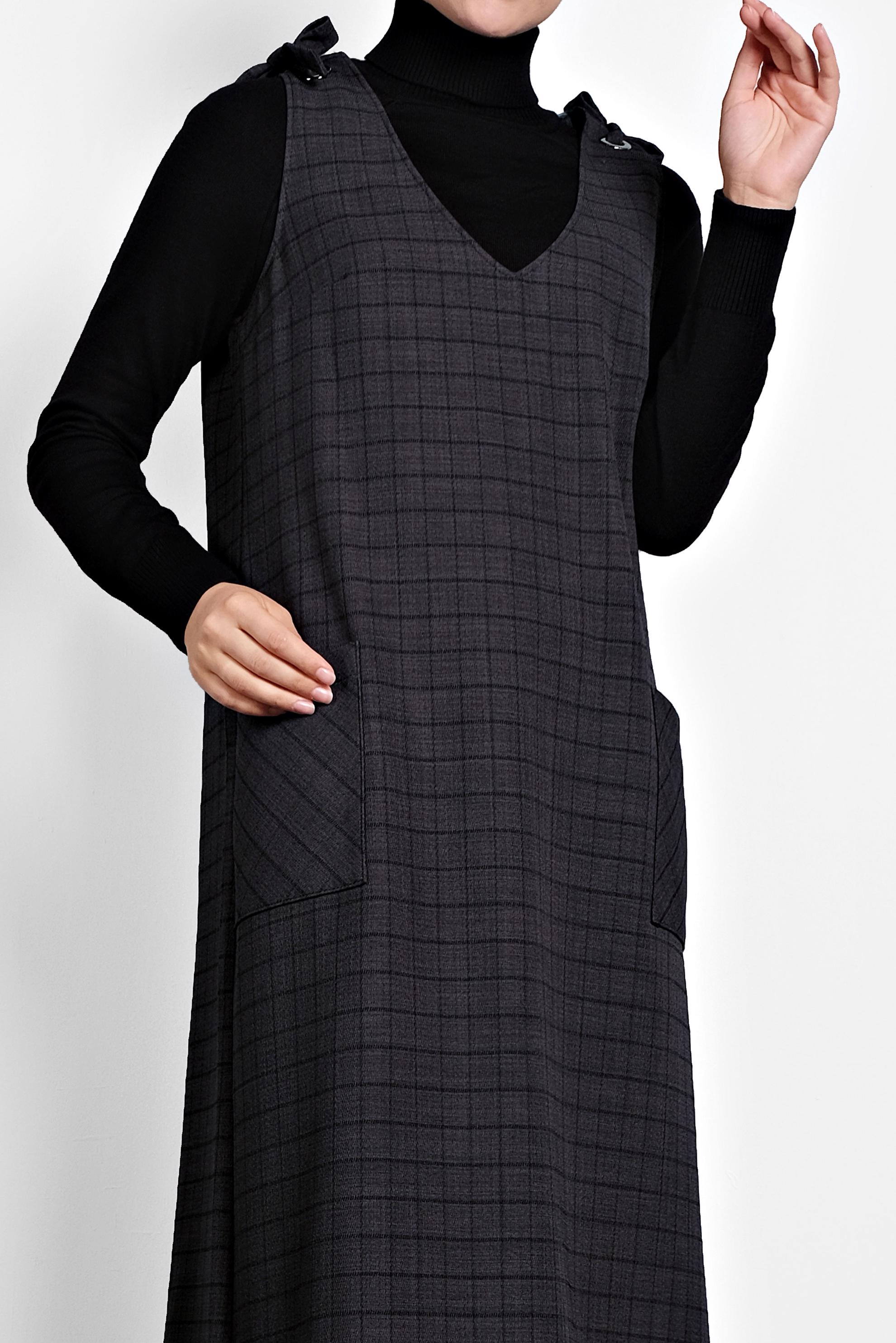 Tesettür giyim GRİ EKOSE JİLE ELBİSE 40190