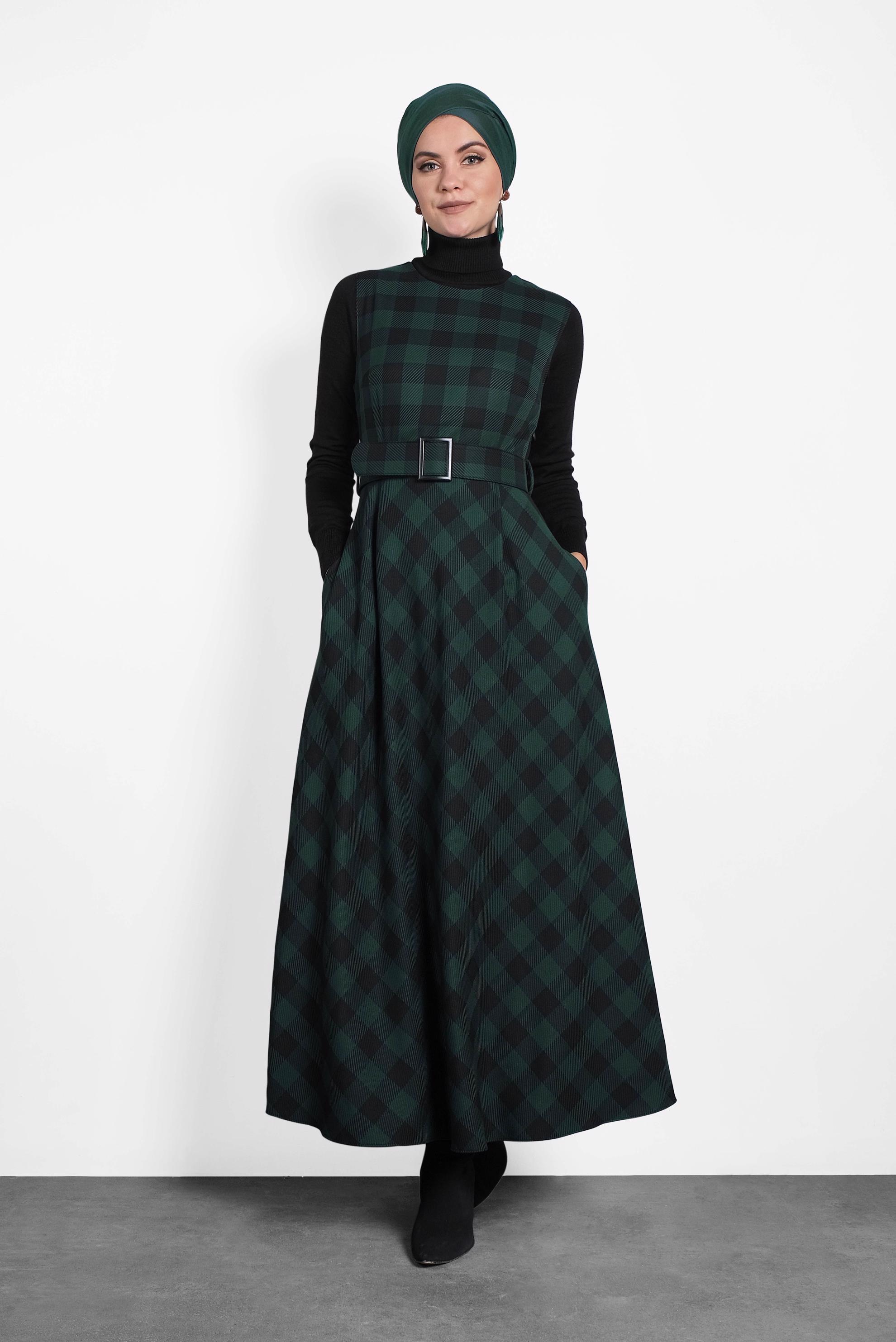 Tesettür giyim YEŞİL EKOSE KEMERLİ JİLE 40201