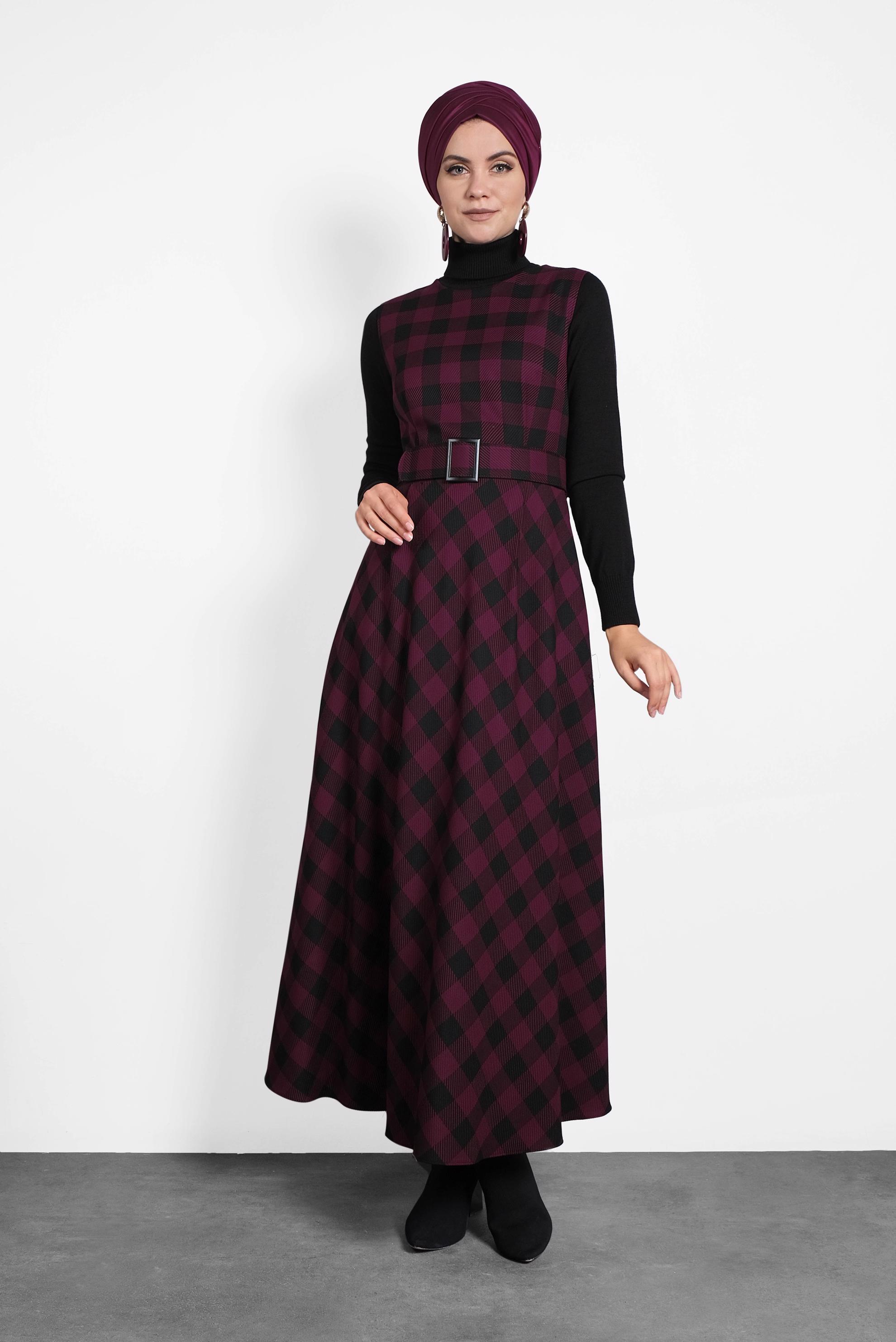 Tesettür giyim BORDO EKOSE KEMERLİ JİLE 40201