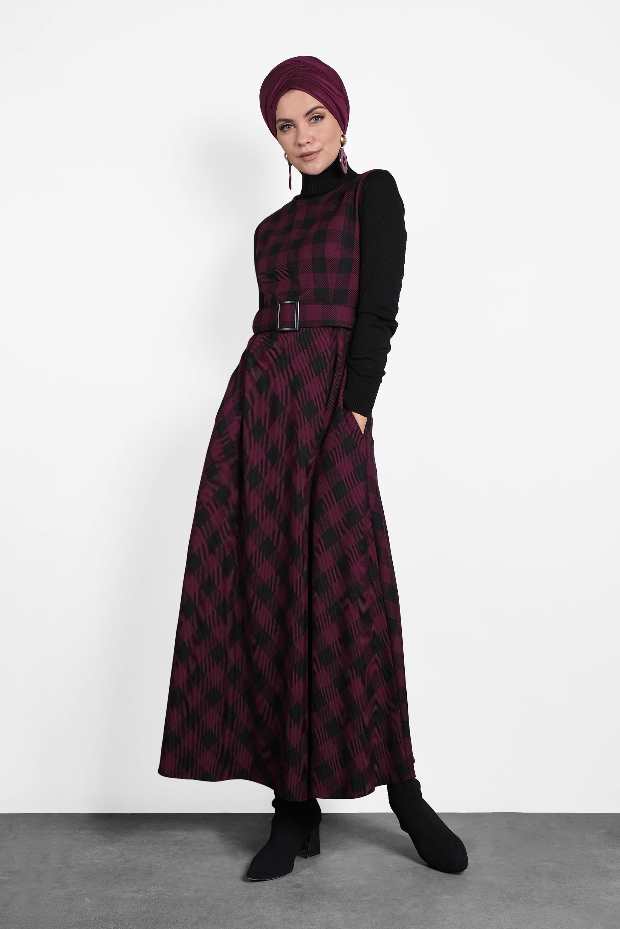 Tesettür giyim BORDO EKOSE KEMERLİ JİLE 40201