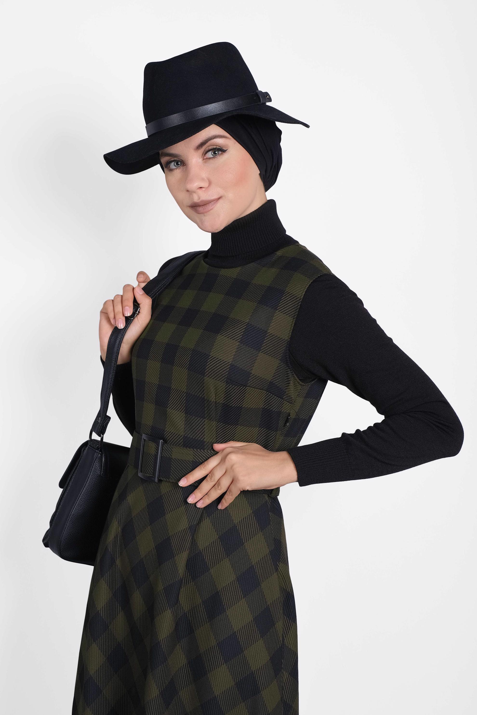 Tesettür giyim HAKİ EKOSE KEMERLİ JİLE 40201