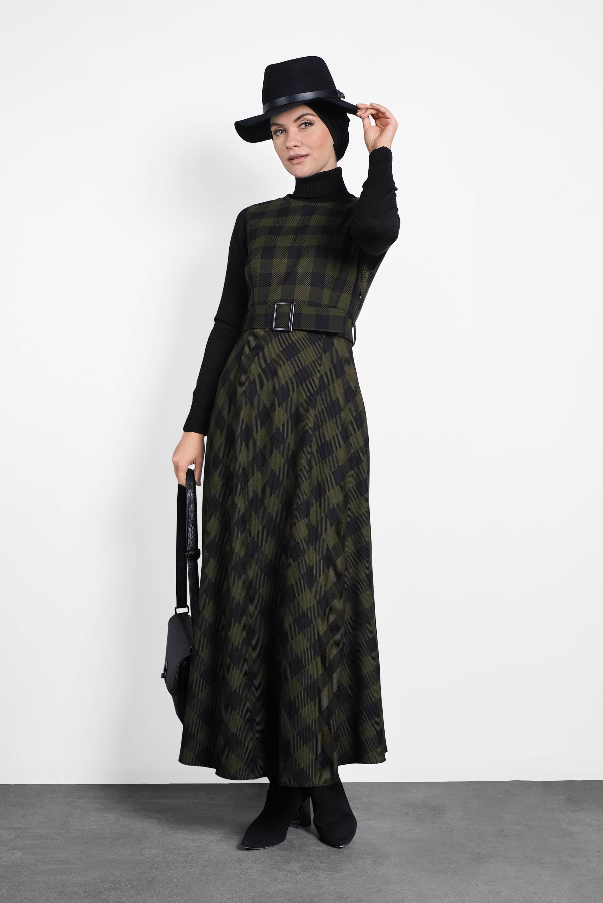 Tesettür giyim HAKİ EKOSE KEMERLİ JİLE 40201