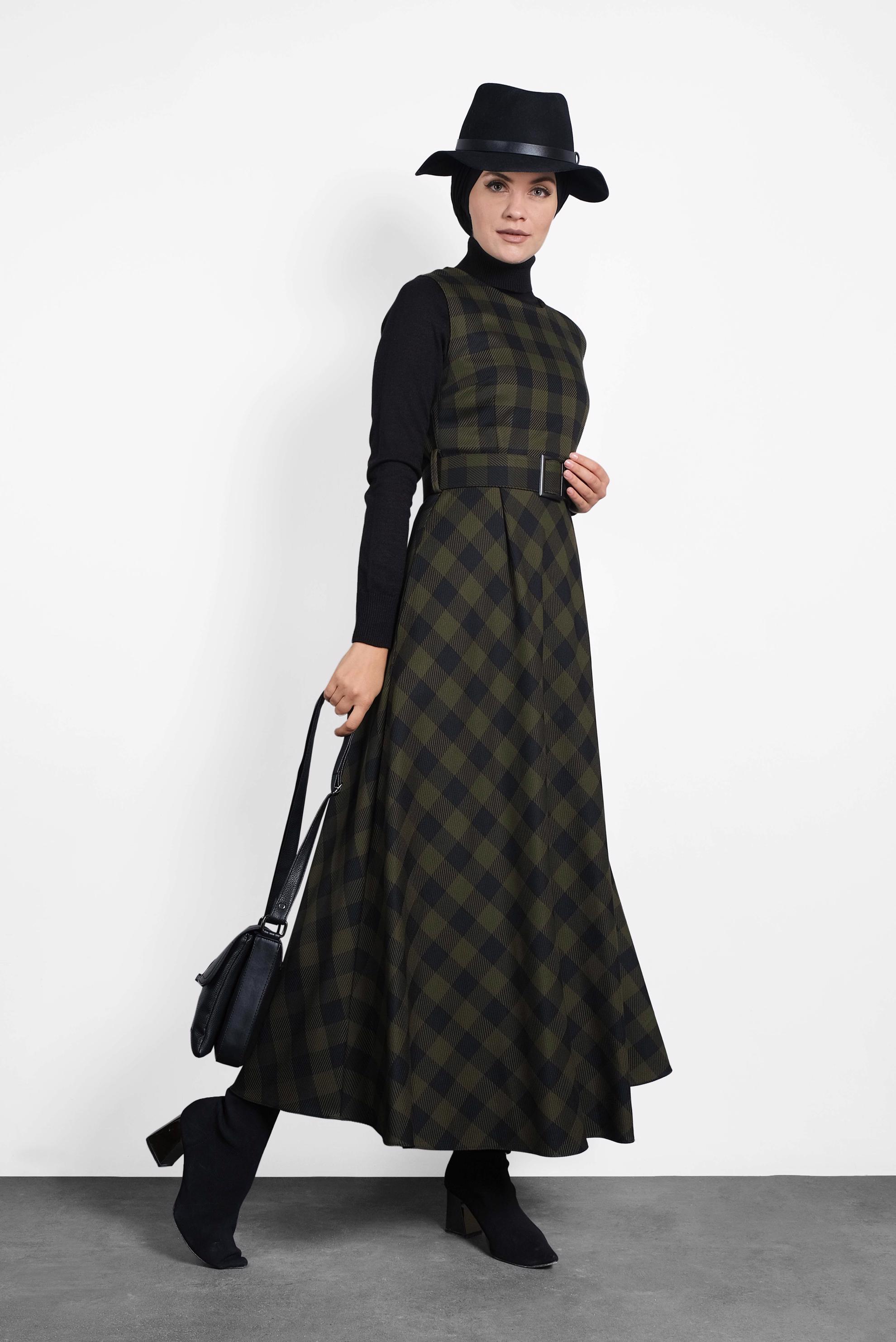 Tesettür giyim HAKİ EKOSE KEMERLİ JİLE 40201