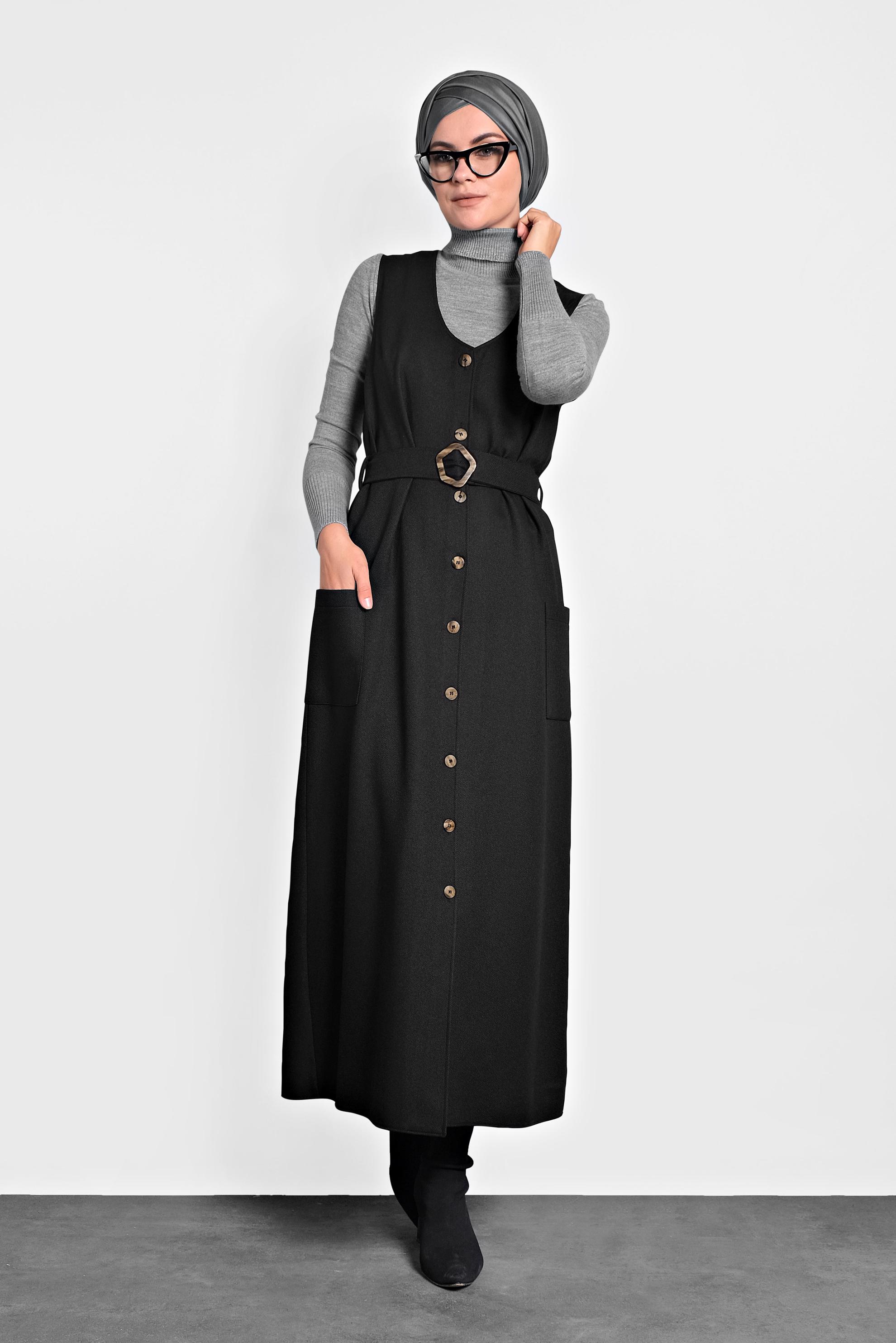 Tesettür giyim SİYAH KEMERLİ DÜĞMELİ JİLE 40218