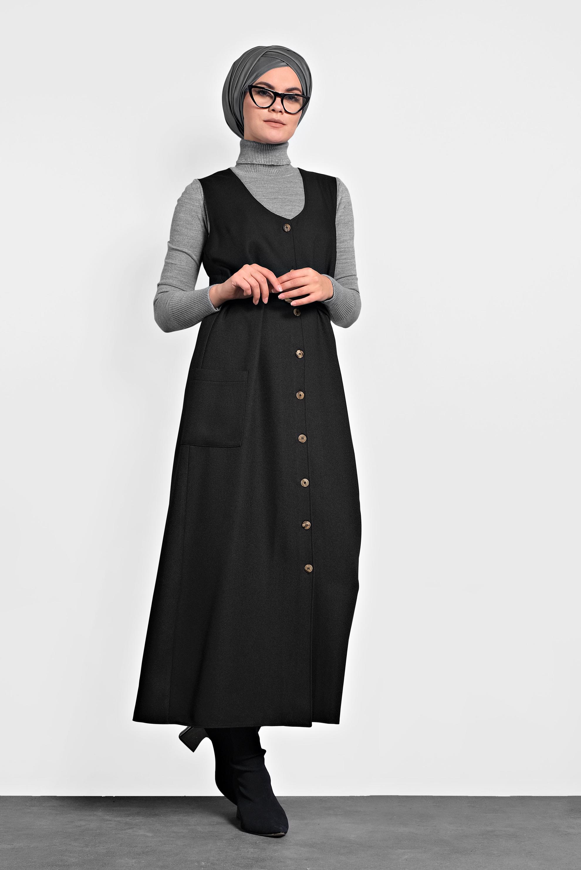 Tesettür giyim SİYAH KEMERLİ DÜĞMELİ JİLE 40218