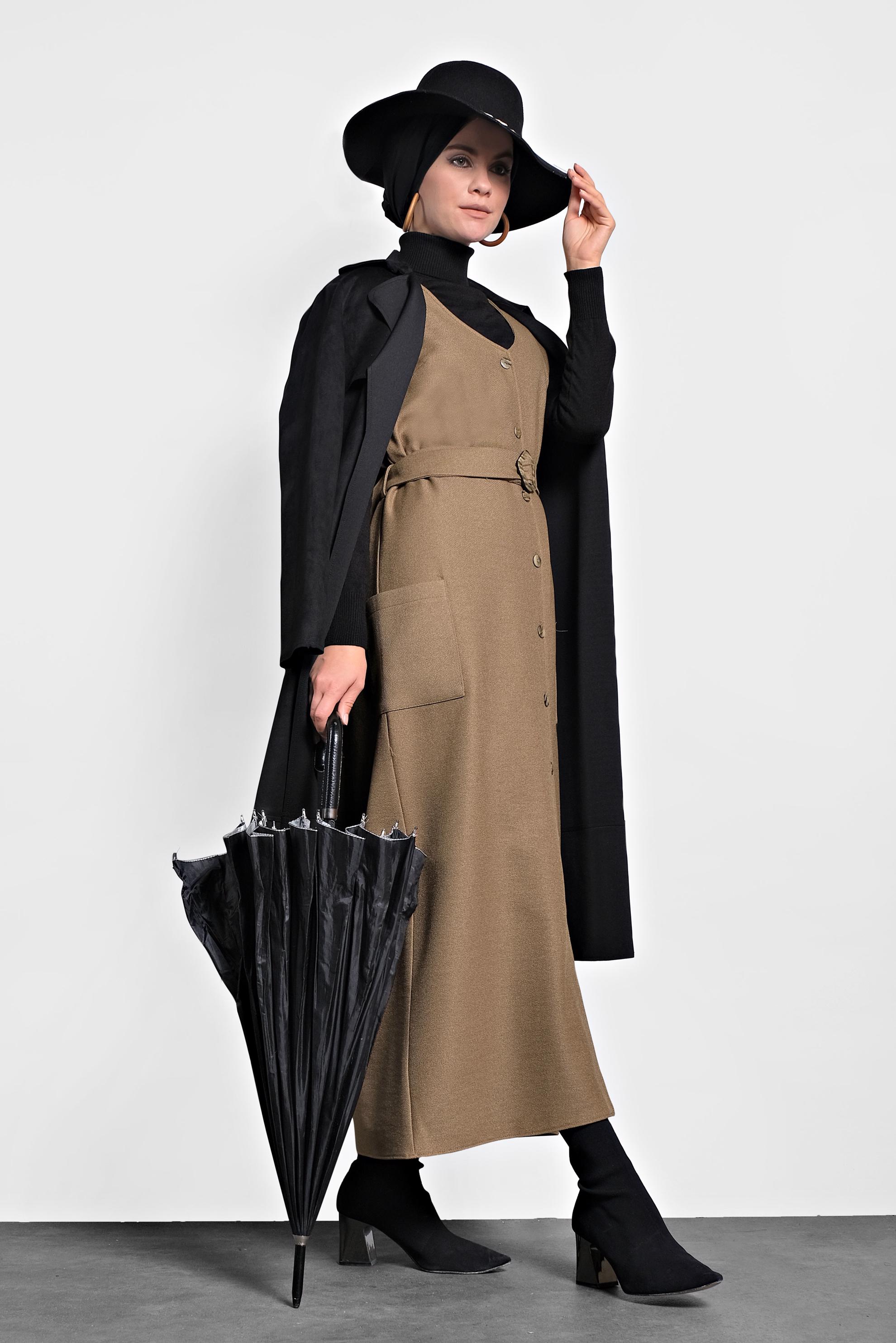 Tesettür giyim KAHVE KEMERLİ DÜĞMELİ JİLE 40218