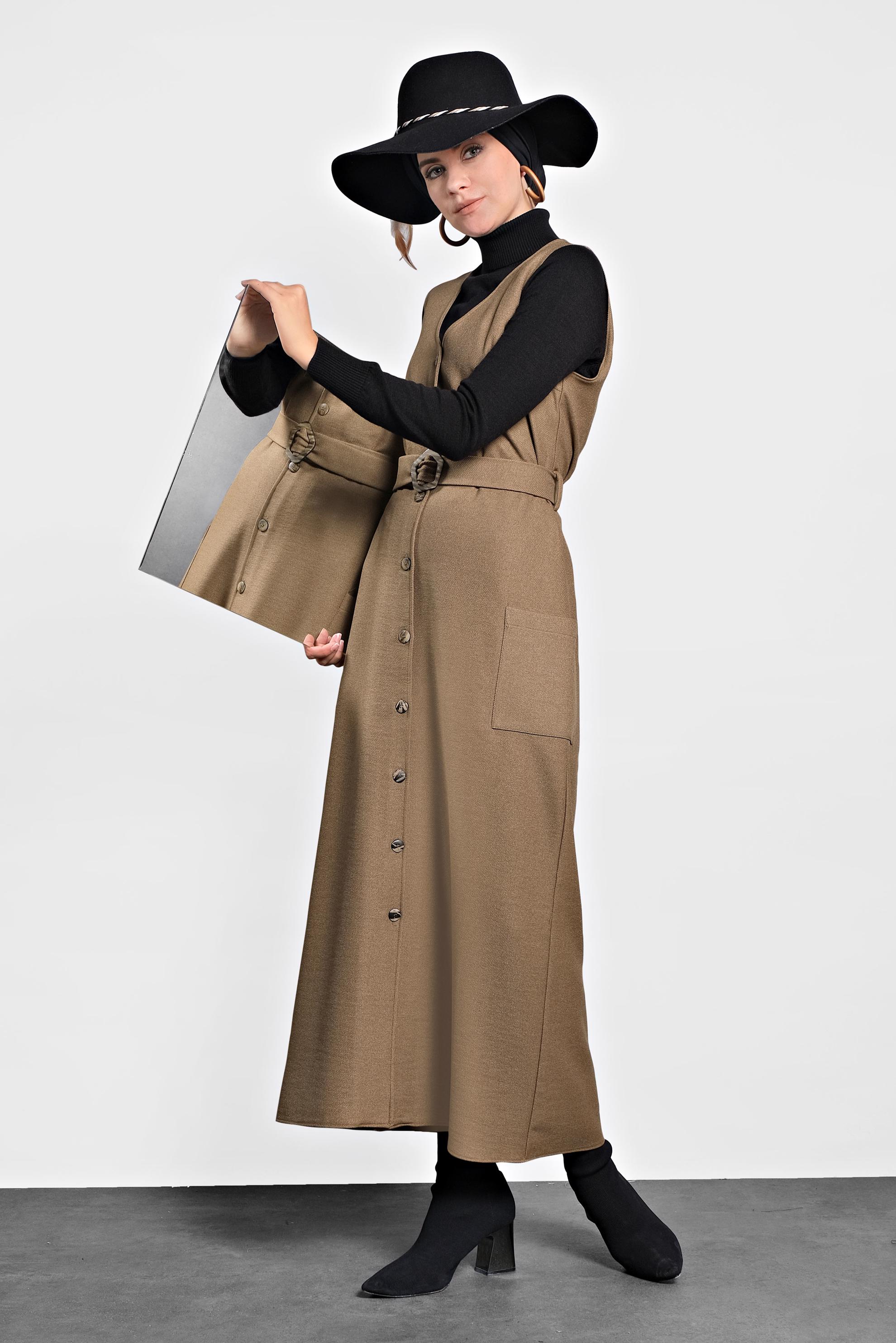 Tesettür giyim KAHVE KEMERLİ DÜĞMELİ JİLE 40218