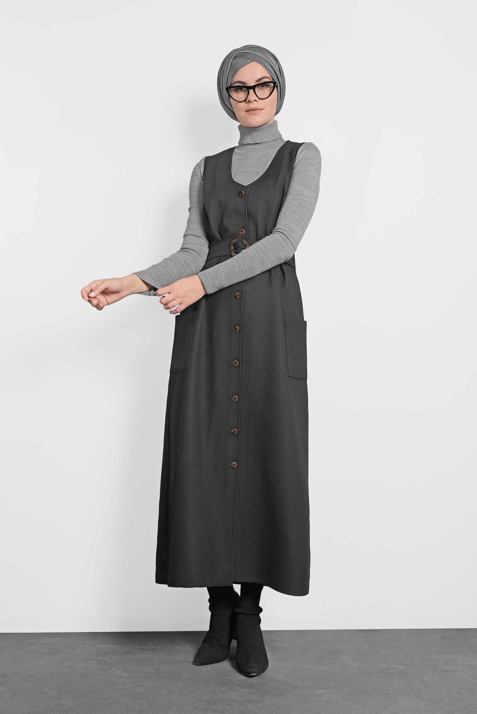 Tesettür giyim GRİ KEMERLİ DÜĞMELİ JİLE 40218