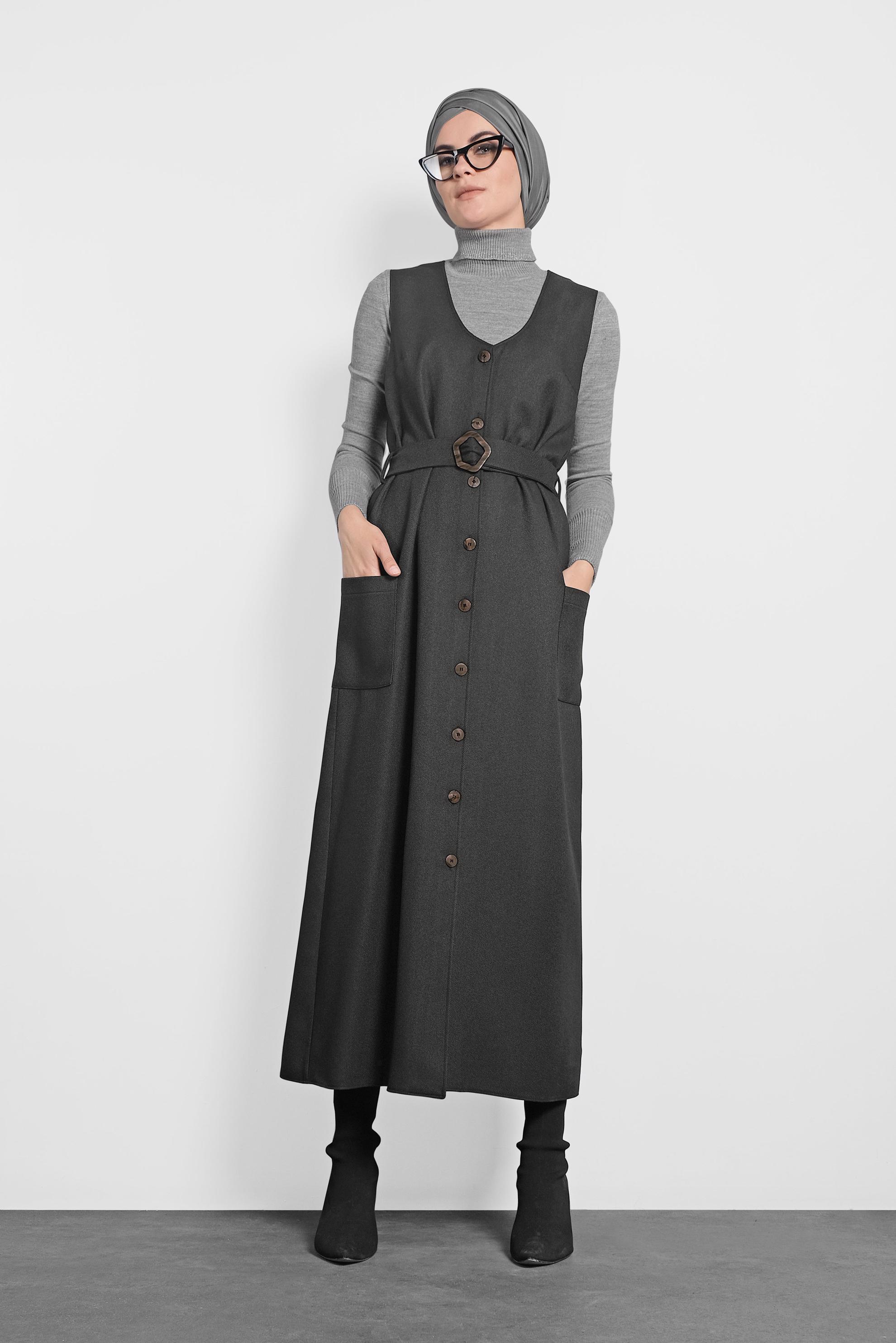 Tesettür giyim GRİ KEMERLİ DÜĞMELİ JİLE 40218