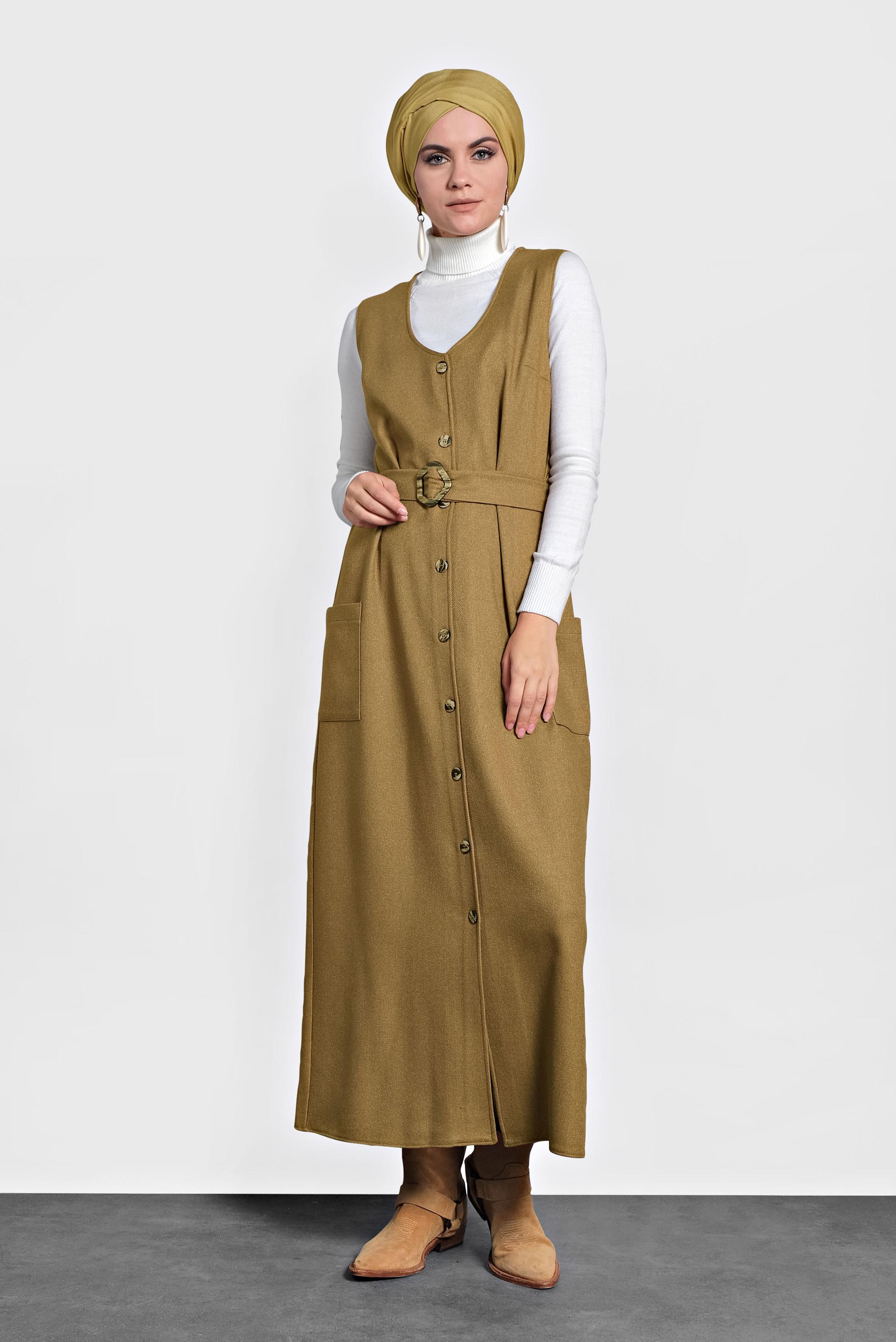 Tesettür giyim SARI KEMERLİ DÜĞMELİ JİLE 40218