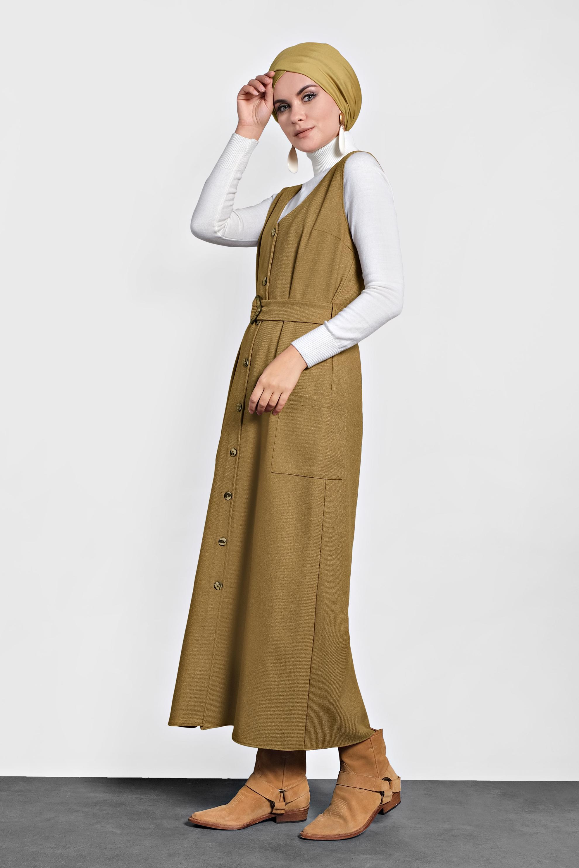 Tesettür giyim SARI KEMERLİ DÜĞMELİ JİLE 40218