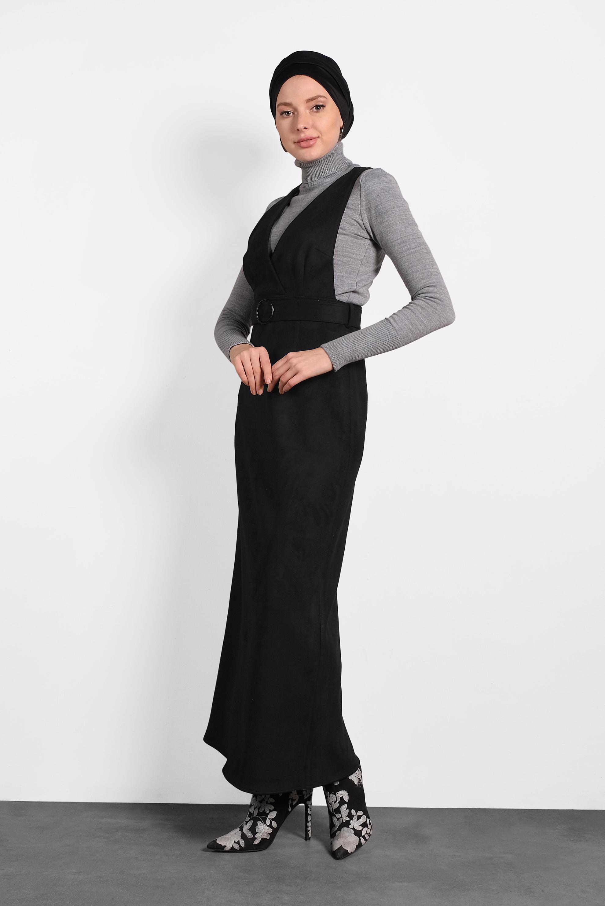 Tesettür giyim SİYAH KEMERLİ SÜET JİLE ELBİSE 40292