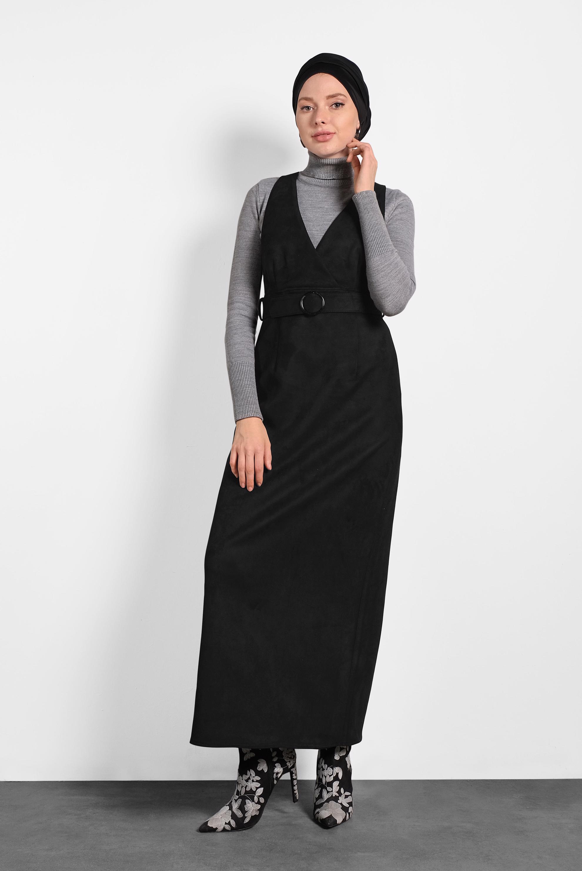 Tesettür giyim SİYAH KEMERLİ SÜET JİLE ELBİSE 40292