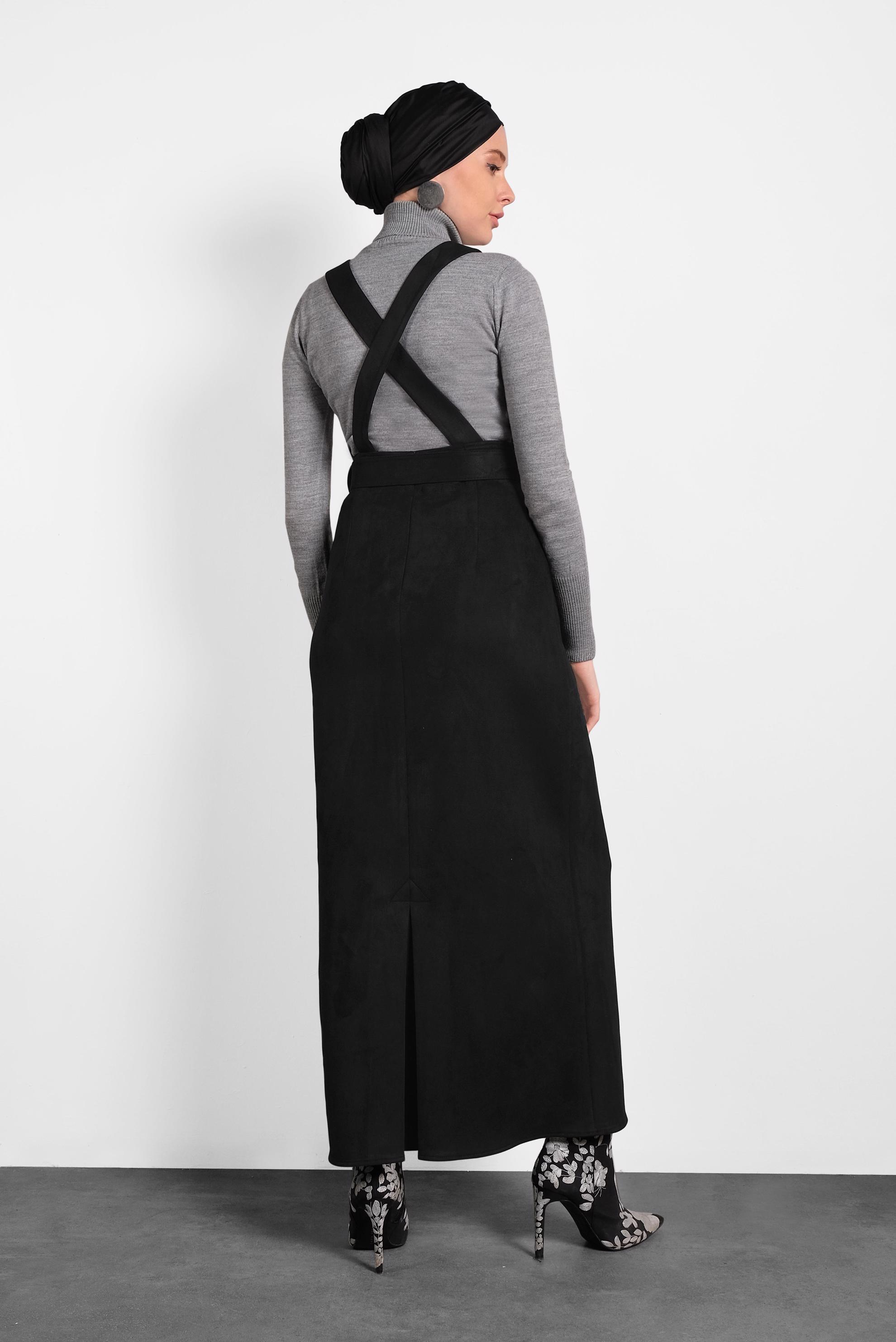Tesettür giyim SİYAH KEMERLİ SÜET JİLE ELBİSE 40292