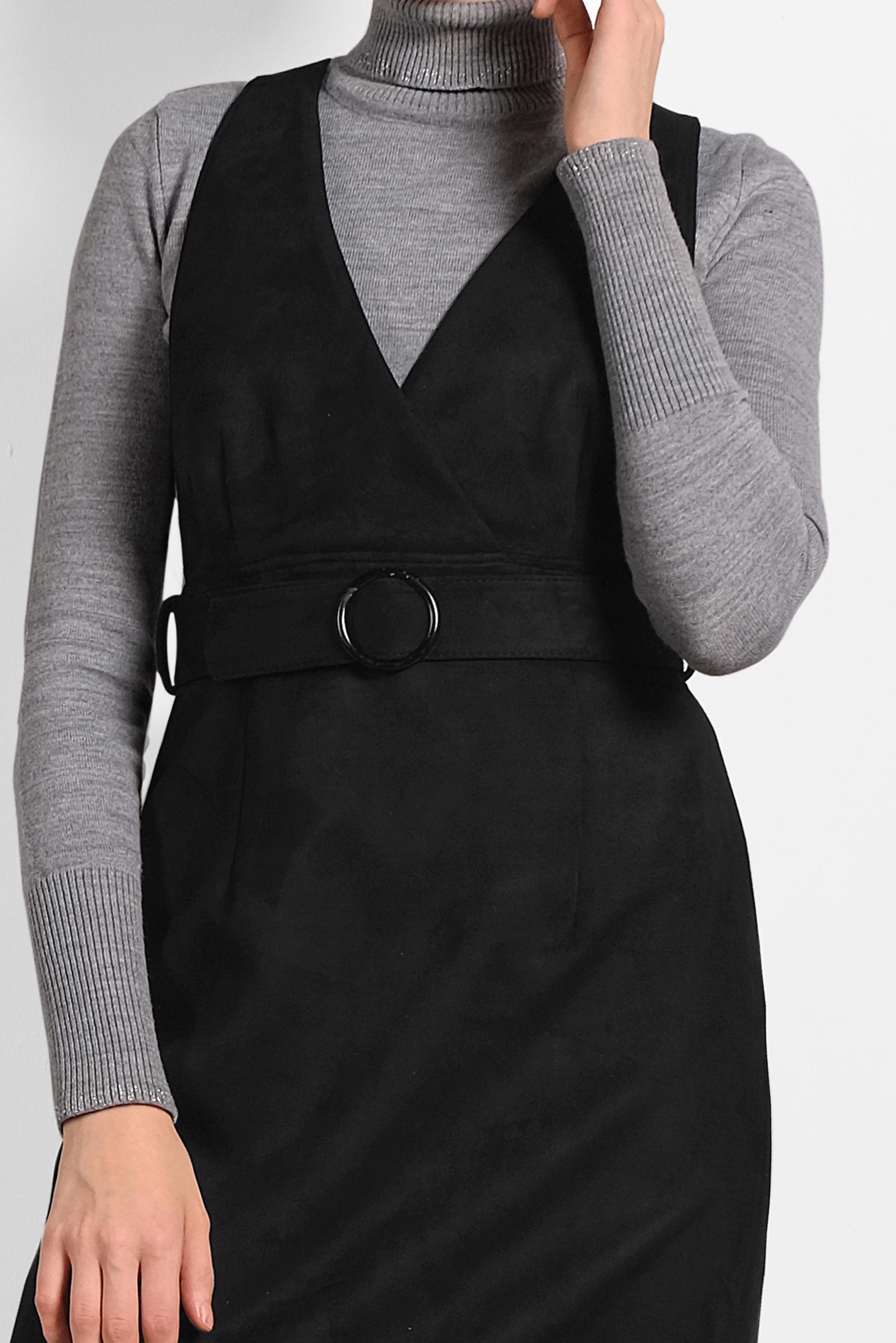 Tesettür giyim SİYAH KEMERLİ SÜET JİLE ELBİSE 40292