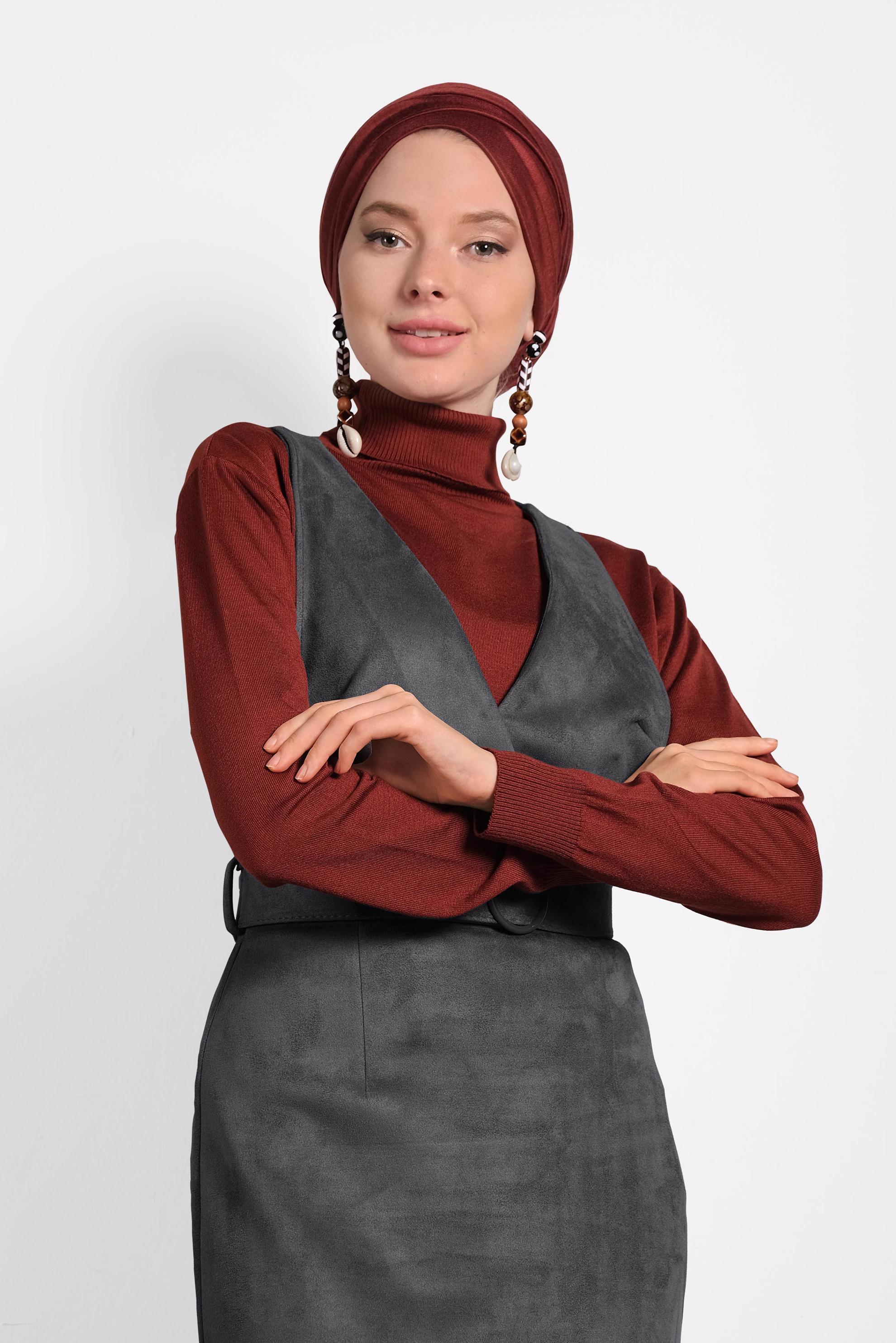 Tesettür giyim GRİ KEMERLİ SÜET JİLE ELBİSE 40292